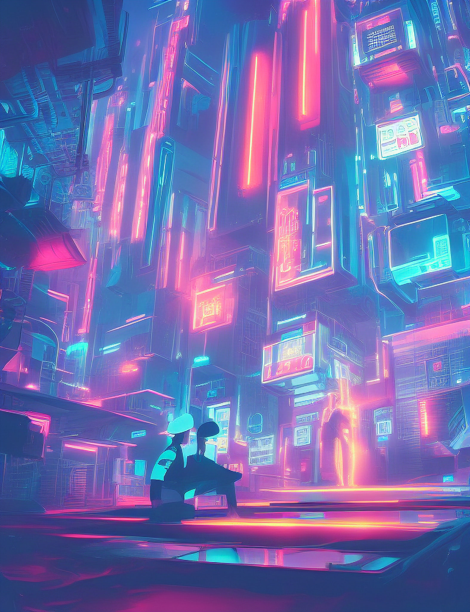 Two figures sit in a futuristic city at night, illuminated by vibrant neon lights.