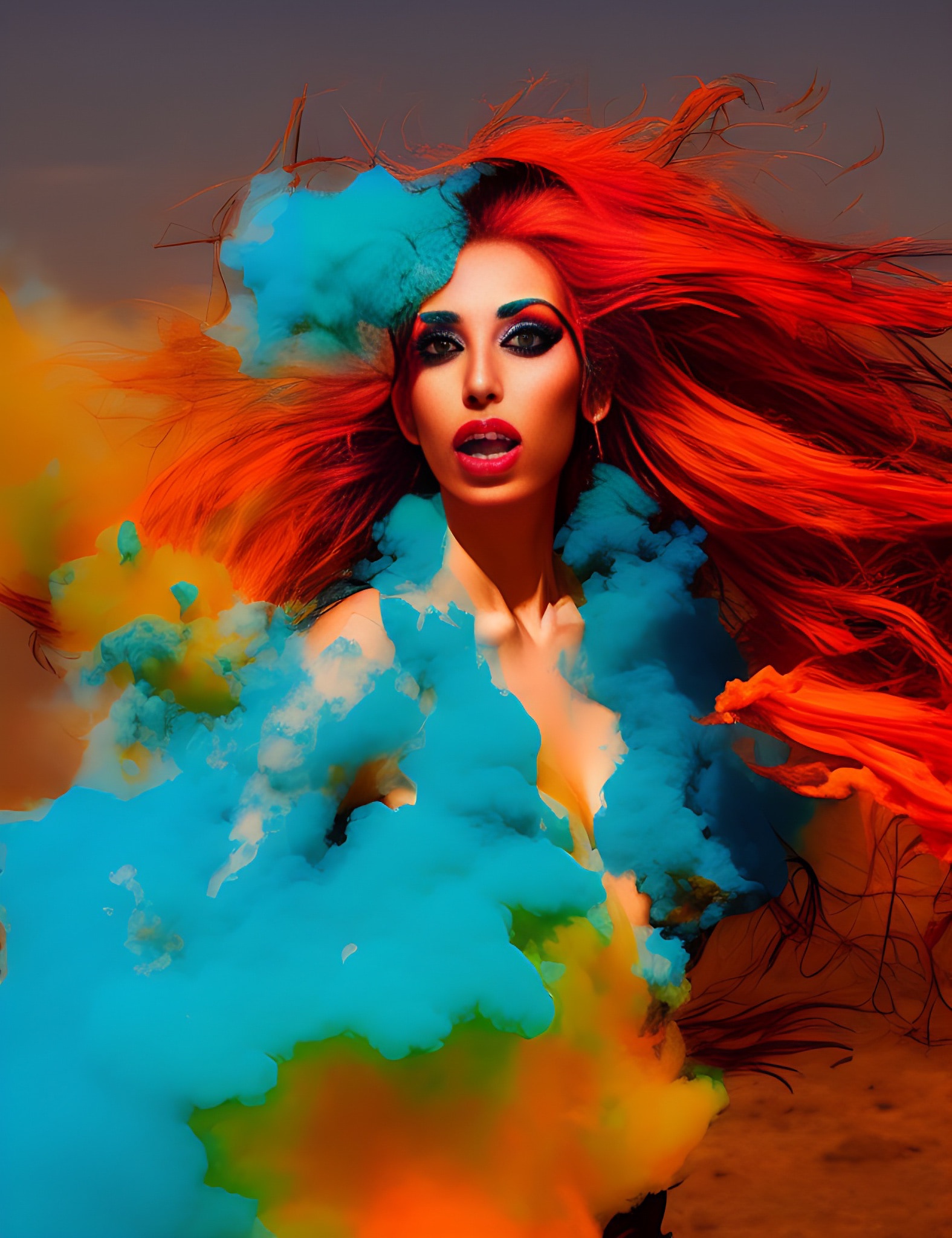 Digital art of a woman with long red hair surrounded by colorful smoke.