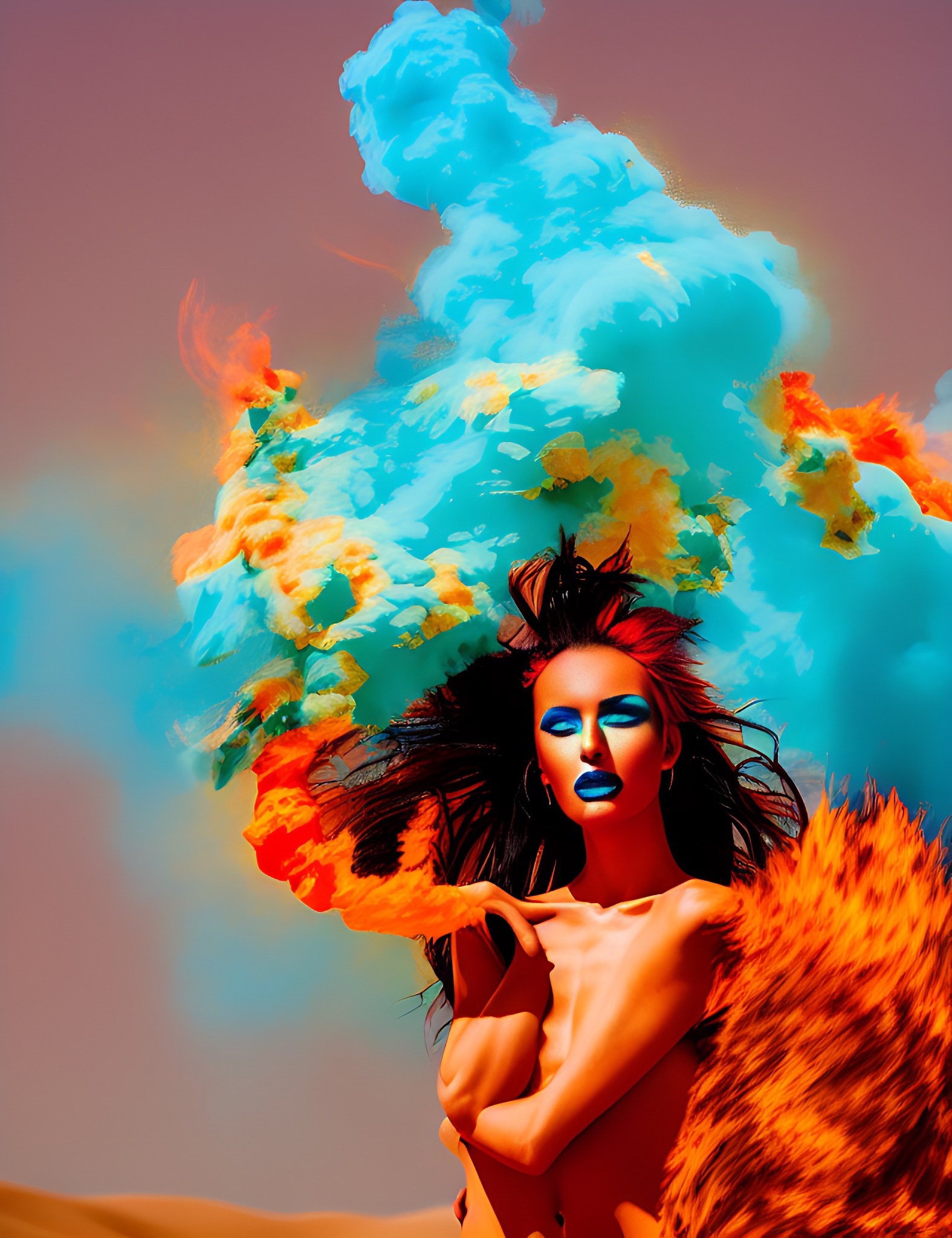 Digital art of a woman with colorful smoke behind her.