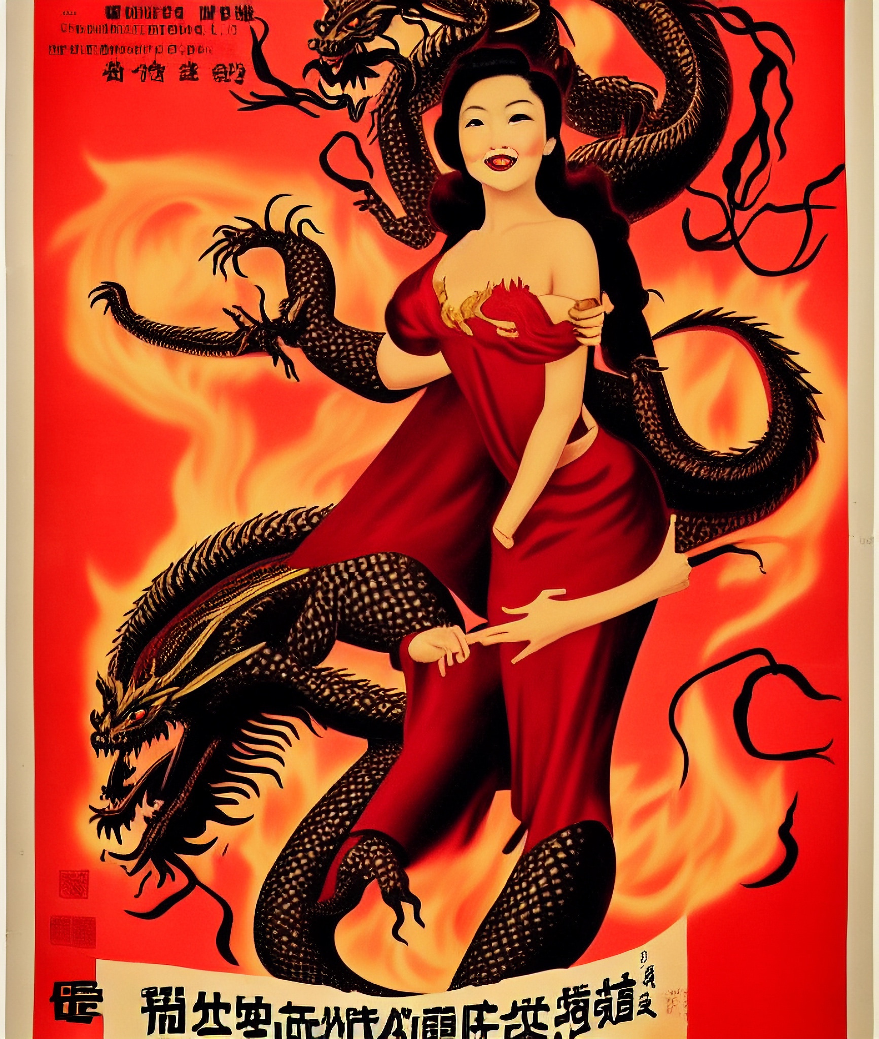 Vintage poster of a woman in a red dress entwined with dragons against a fiery background.