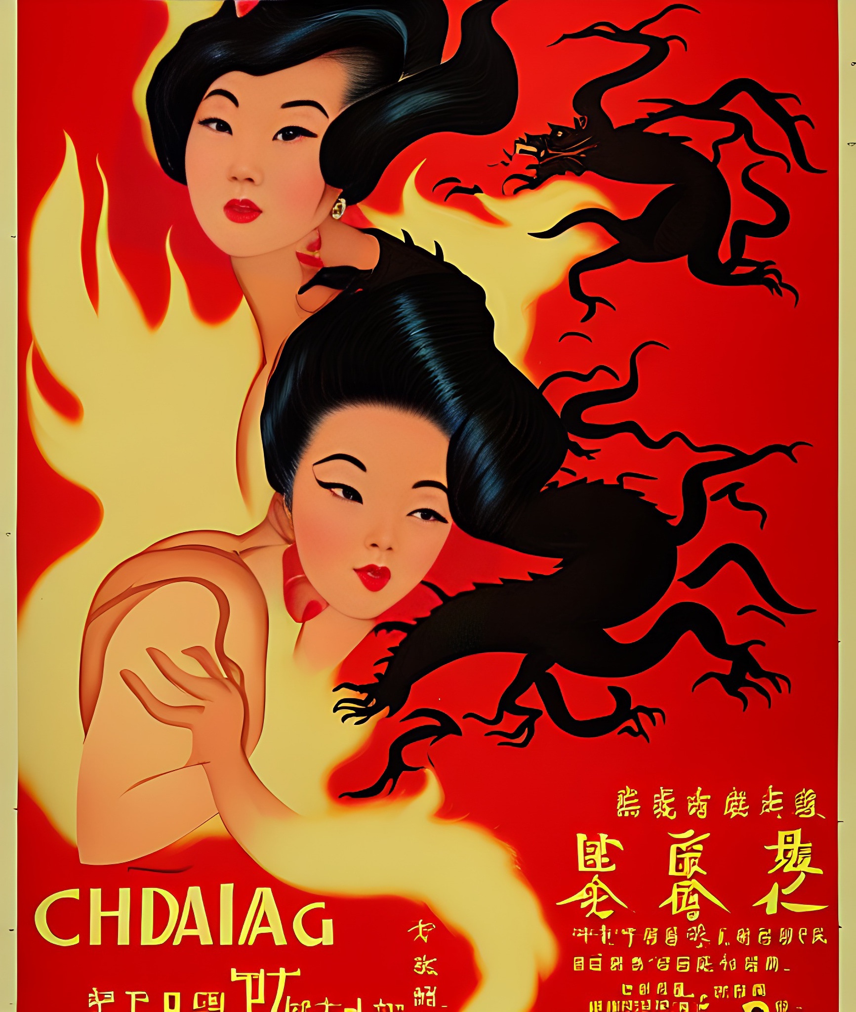 Vintage poster featuring two Asian women with flowing black hair amidst flames and a black dragon.