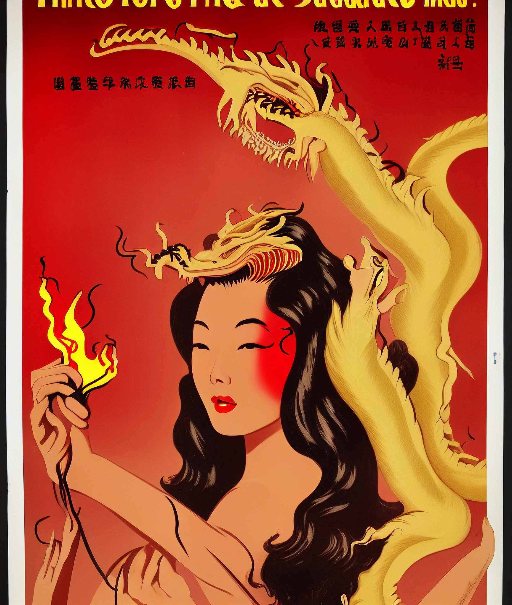 Vintage poster design of a woman with a dragon in her hair, holding fire.