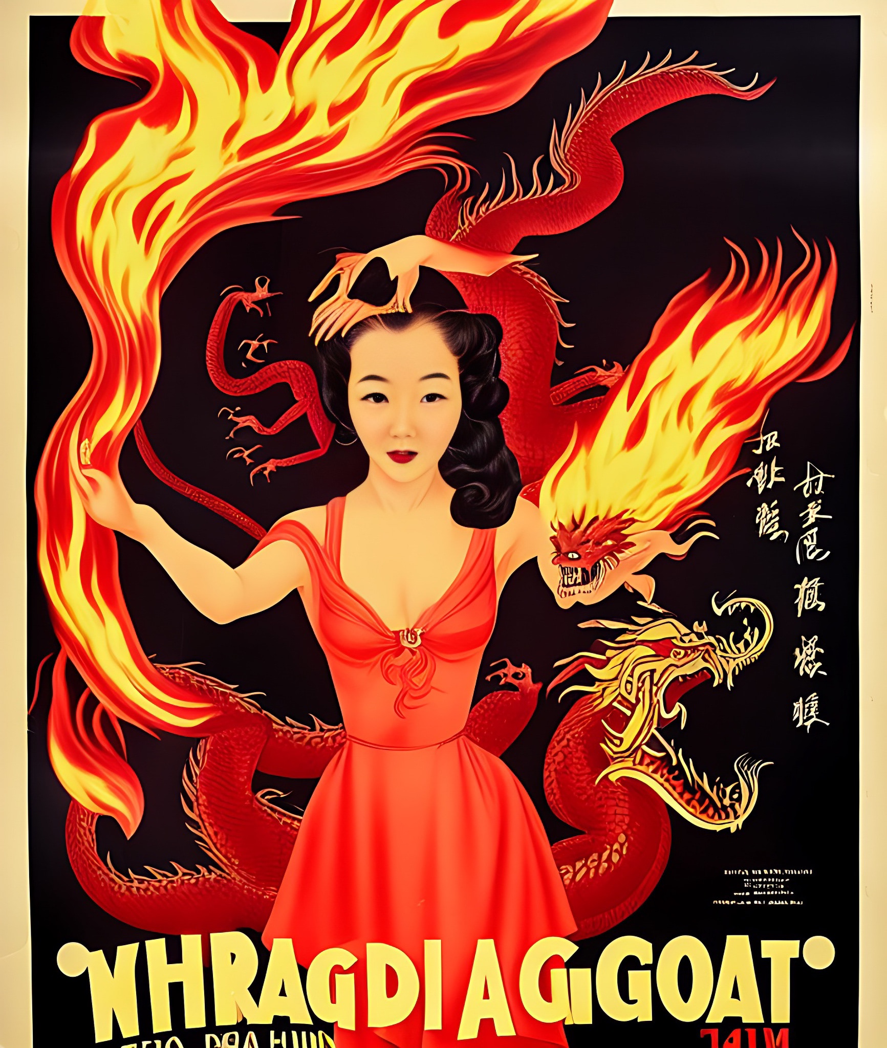 Vintage poster of a woman in a red dress with dragons and fire.