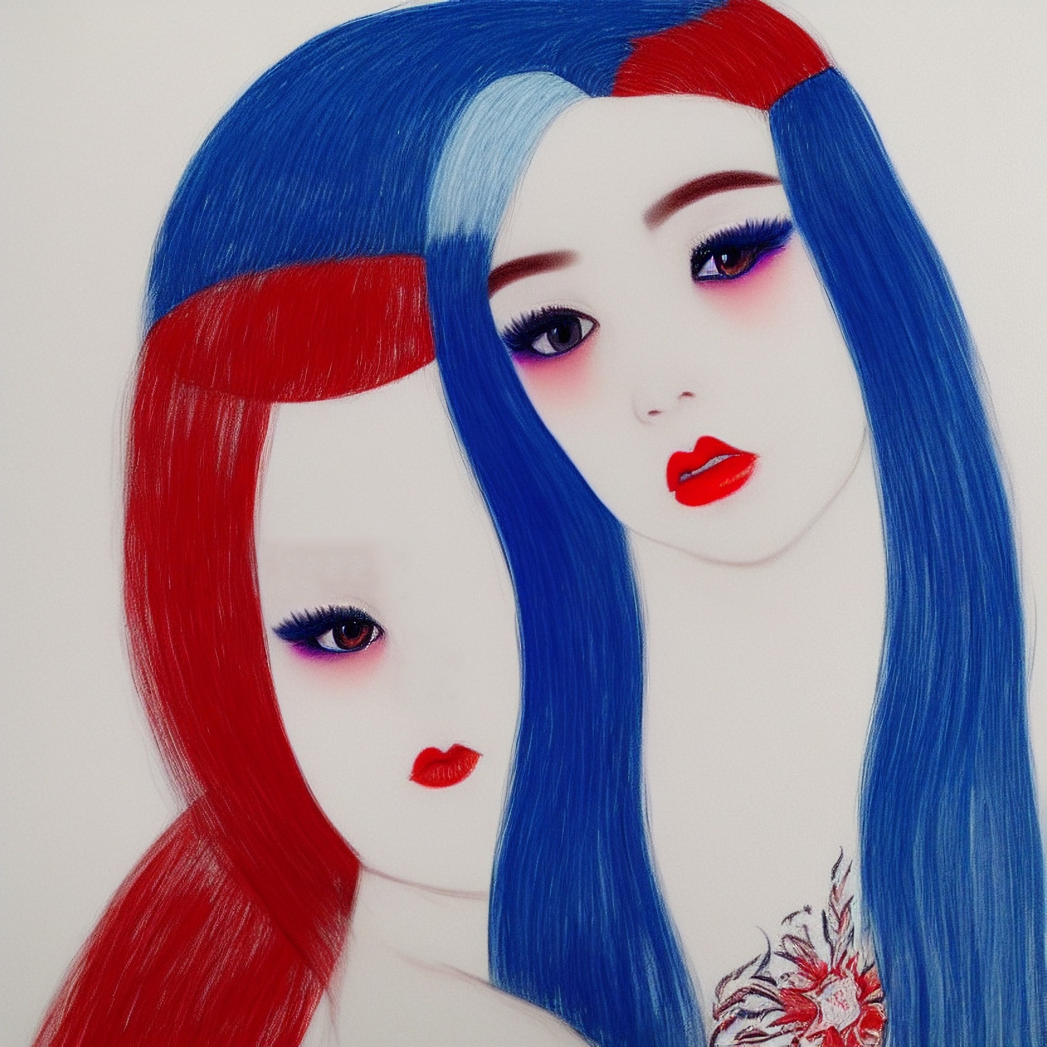 Drawing of two girls with red and blue hair.