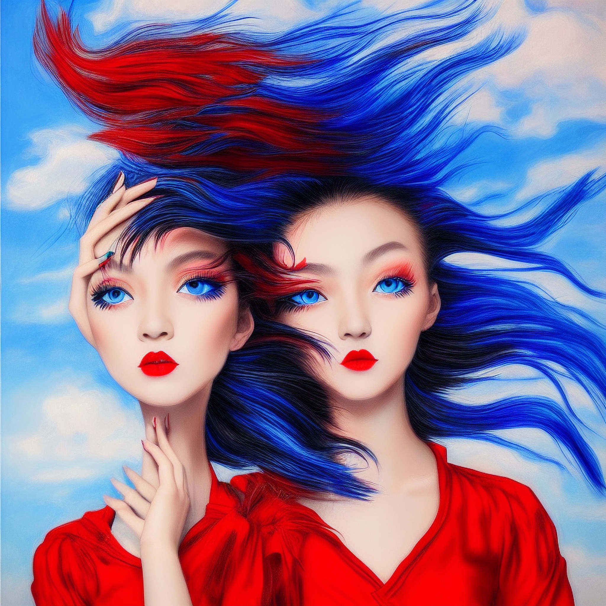 Painting of a woman with blue and red hair blowing in the wind, wearing a red dress.