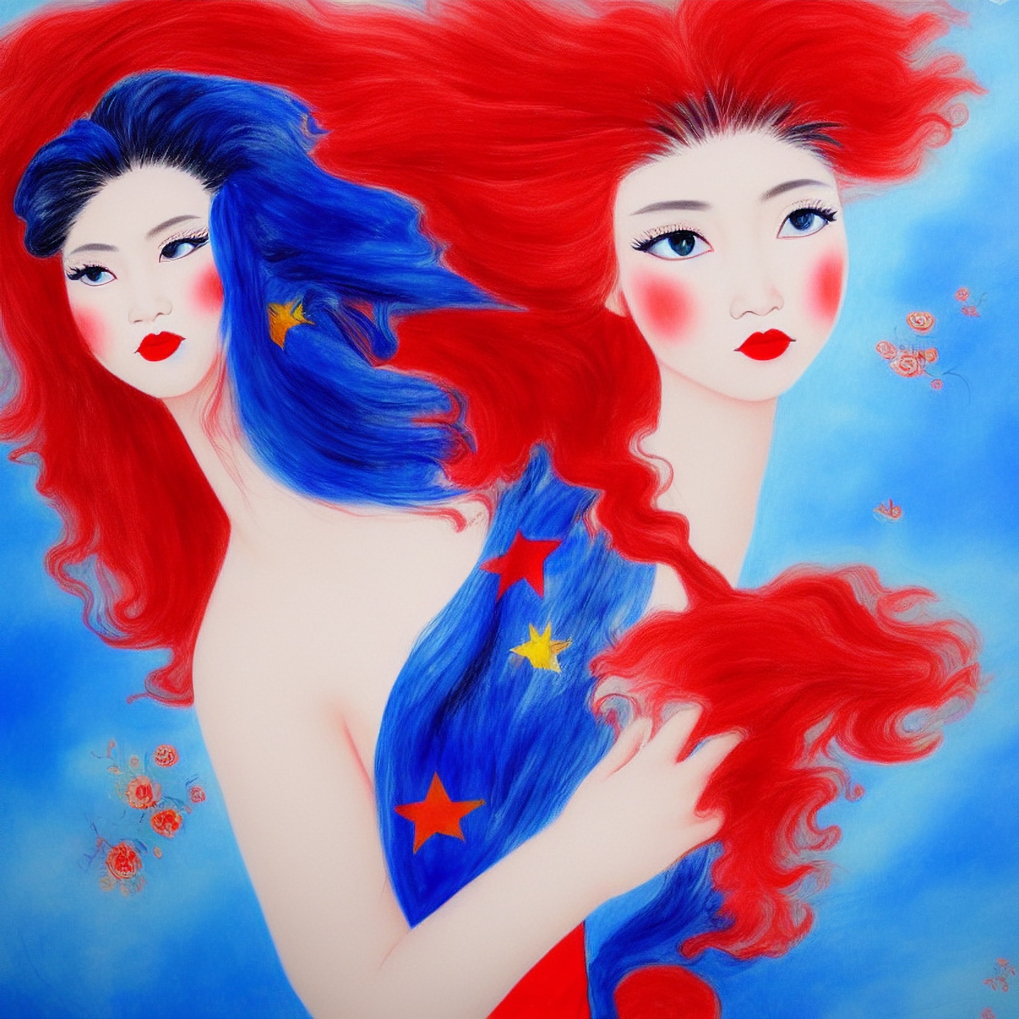 Painting of two women with flowing red and blue hair, adorned with stars.
