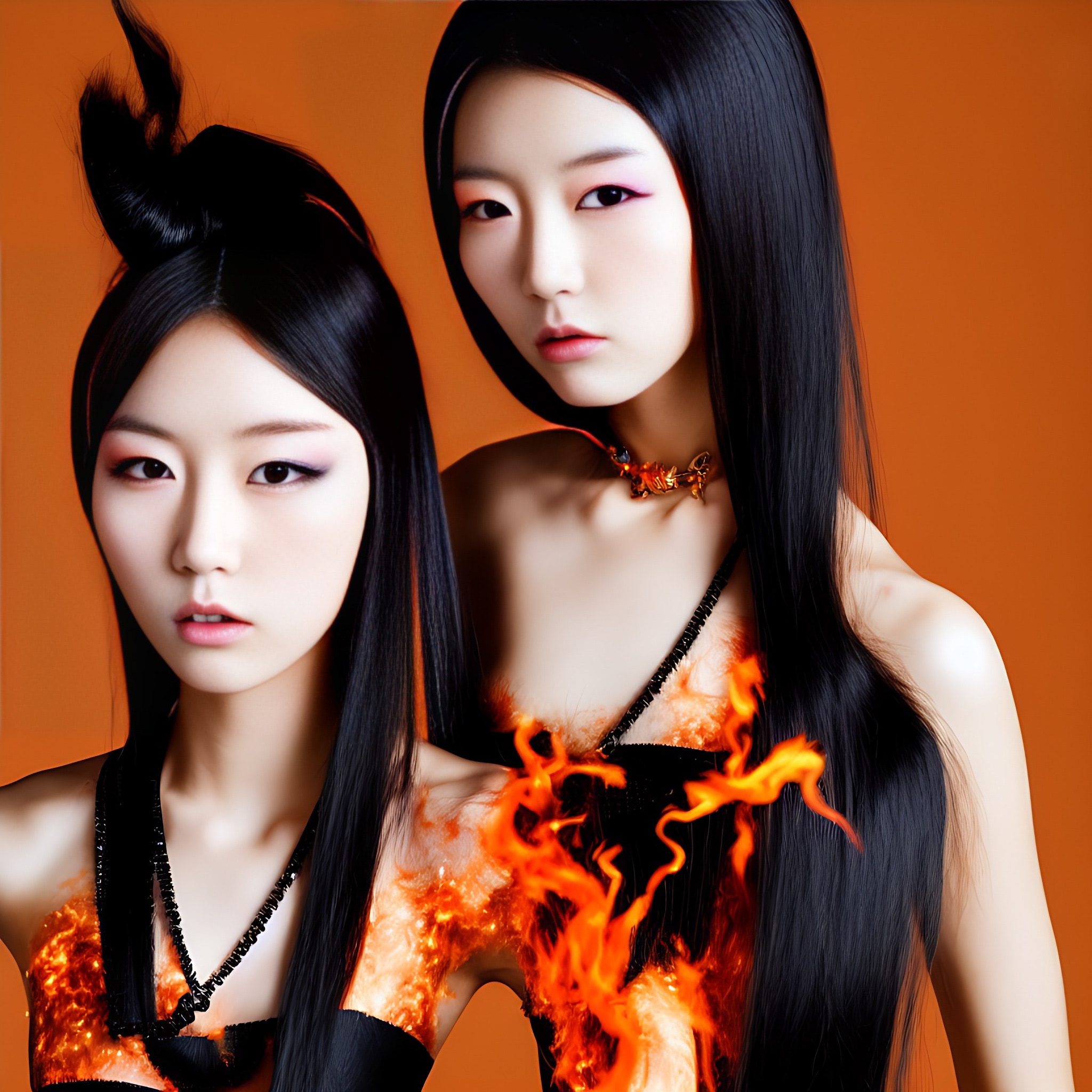 Two Asian women with long black hair, one with hair styled up, wearing dark clothing that appears to be on fire.