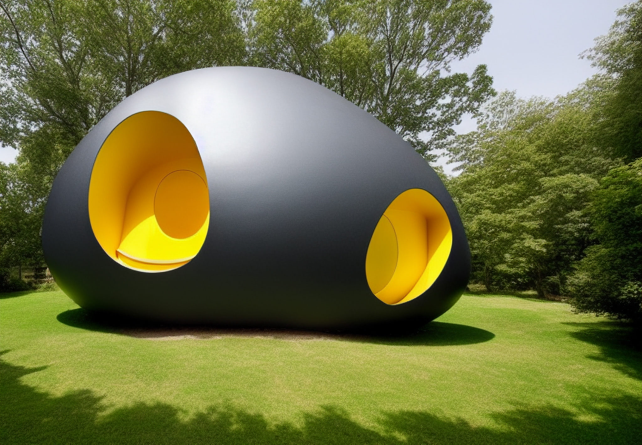 Black egg-shaped sculpture with two yellow interior openings, situated on a grassy lawn.