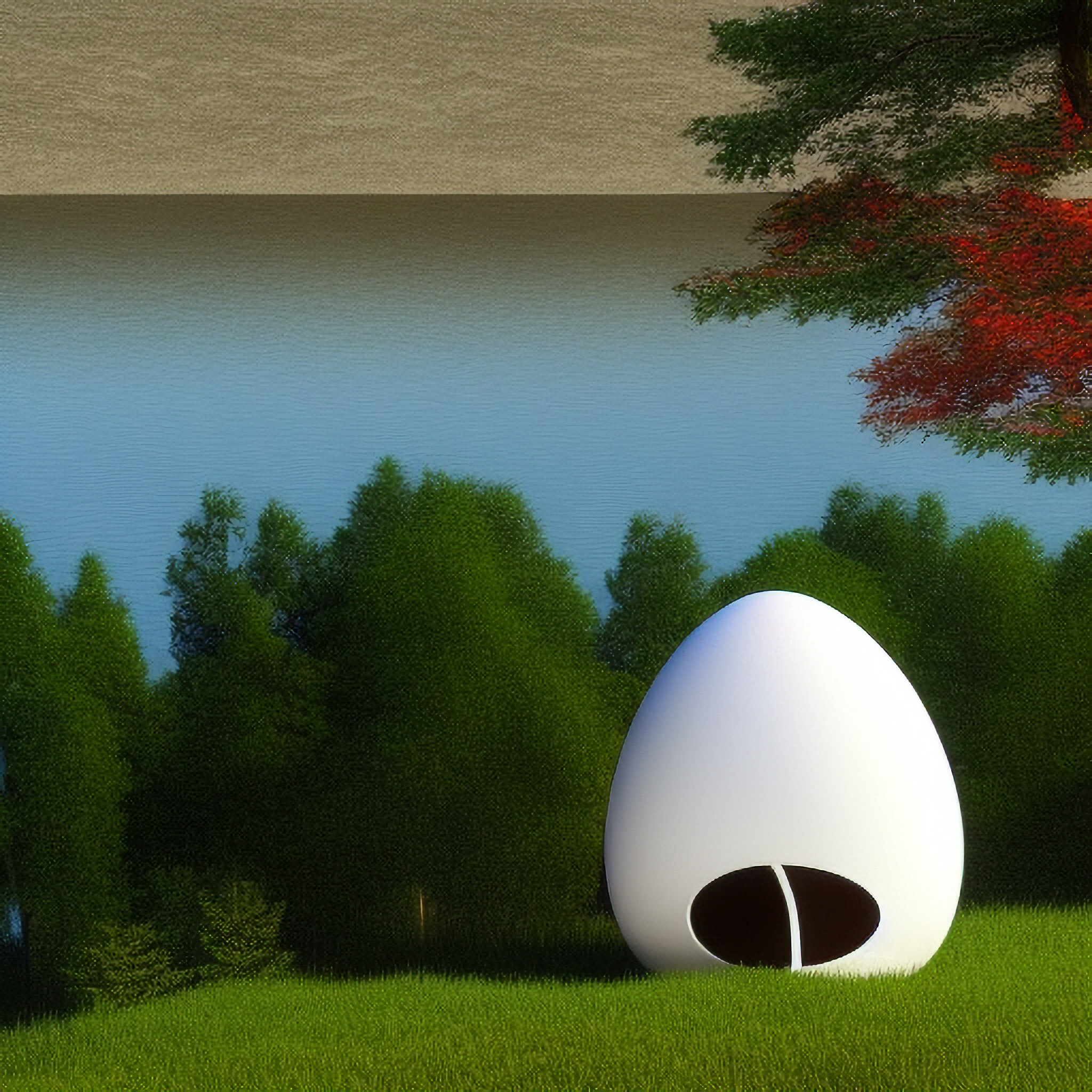 White egg-shaped house on grassy lawn.