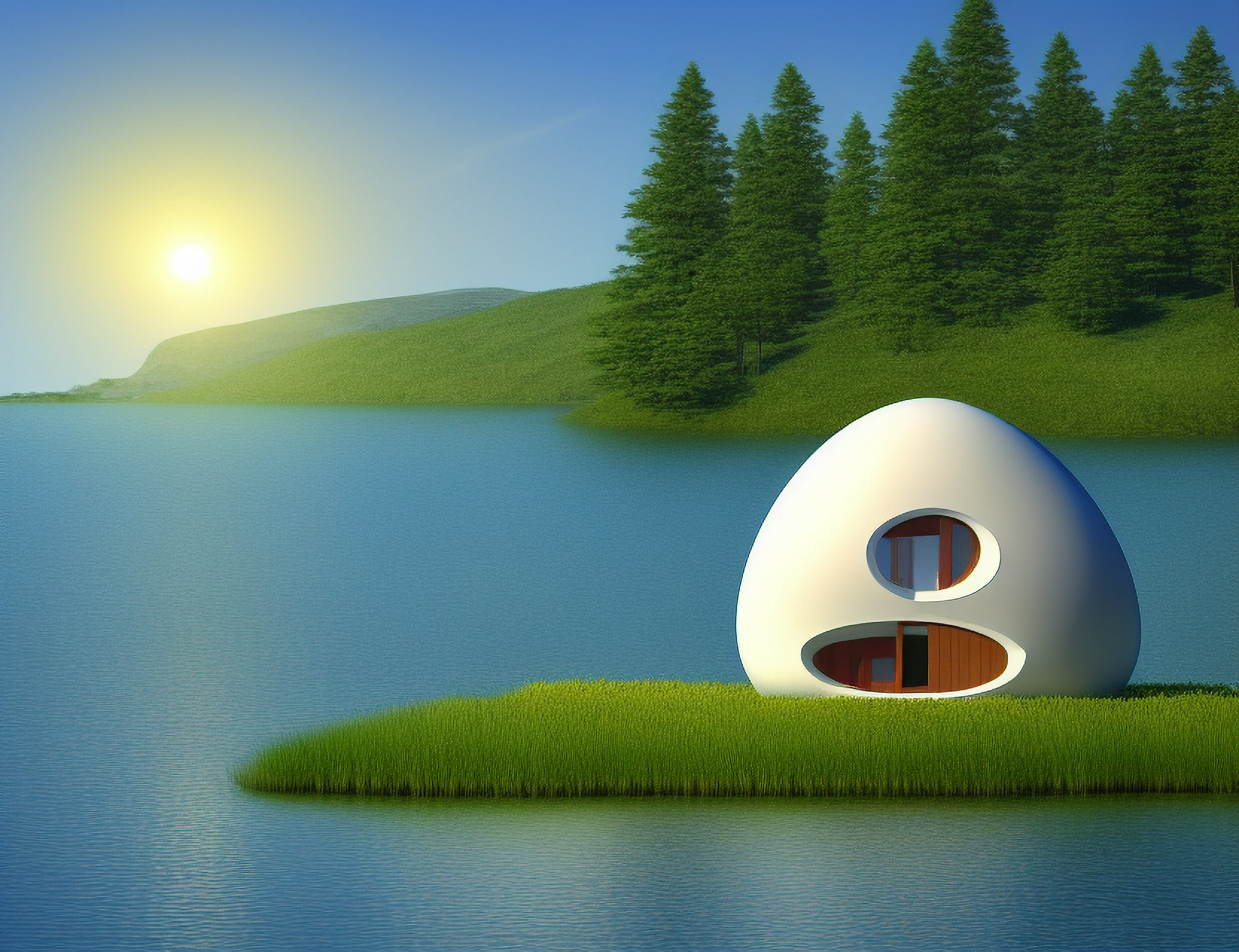 Egg-shaped house on a small island in a lake.