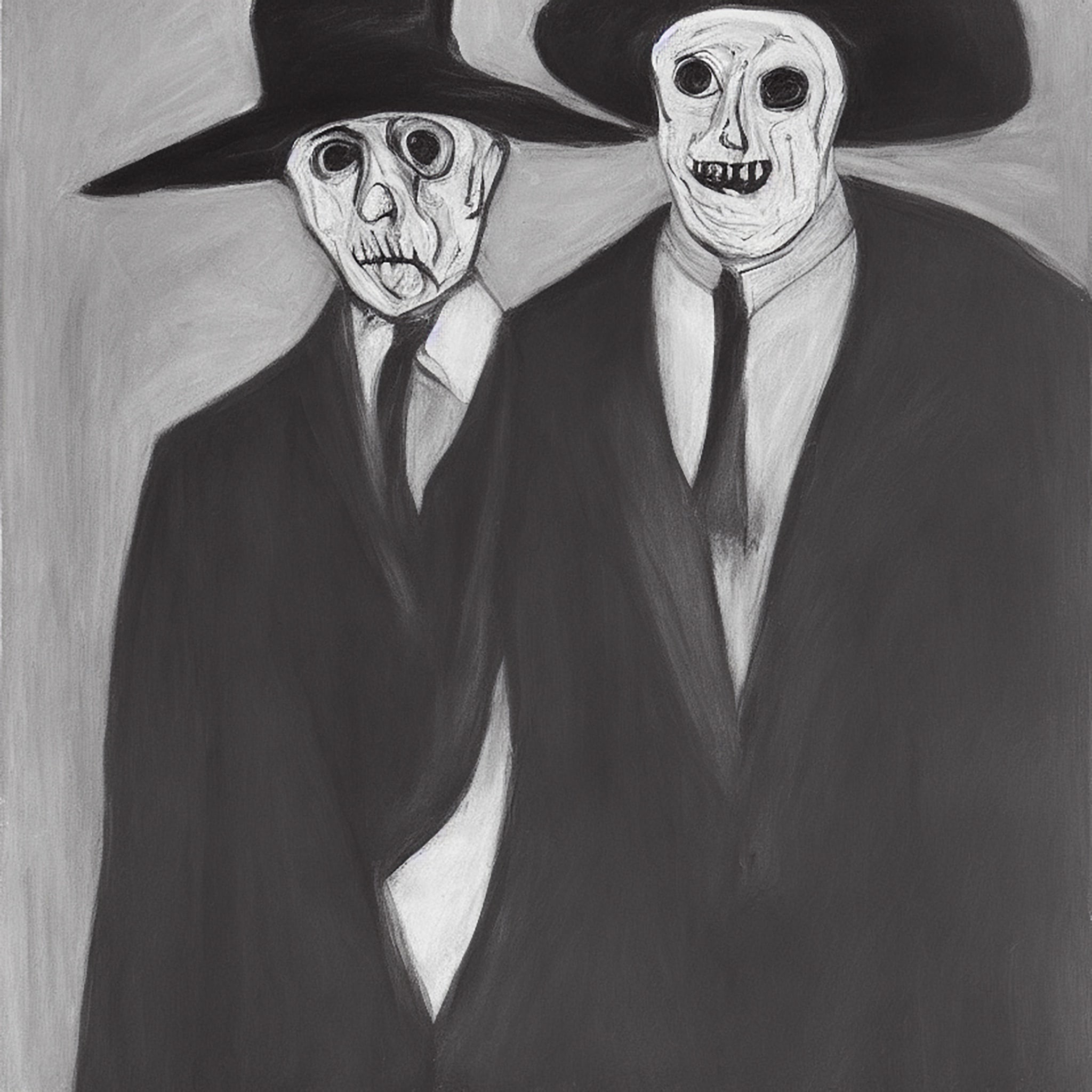 Expressionist painting of two faceless men in suits and hats.