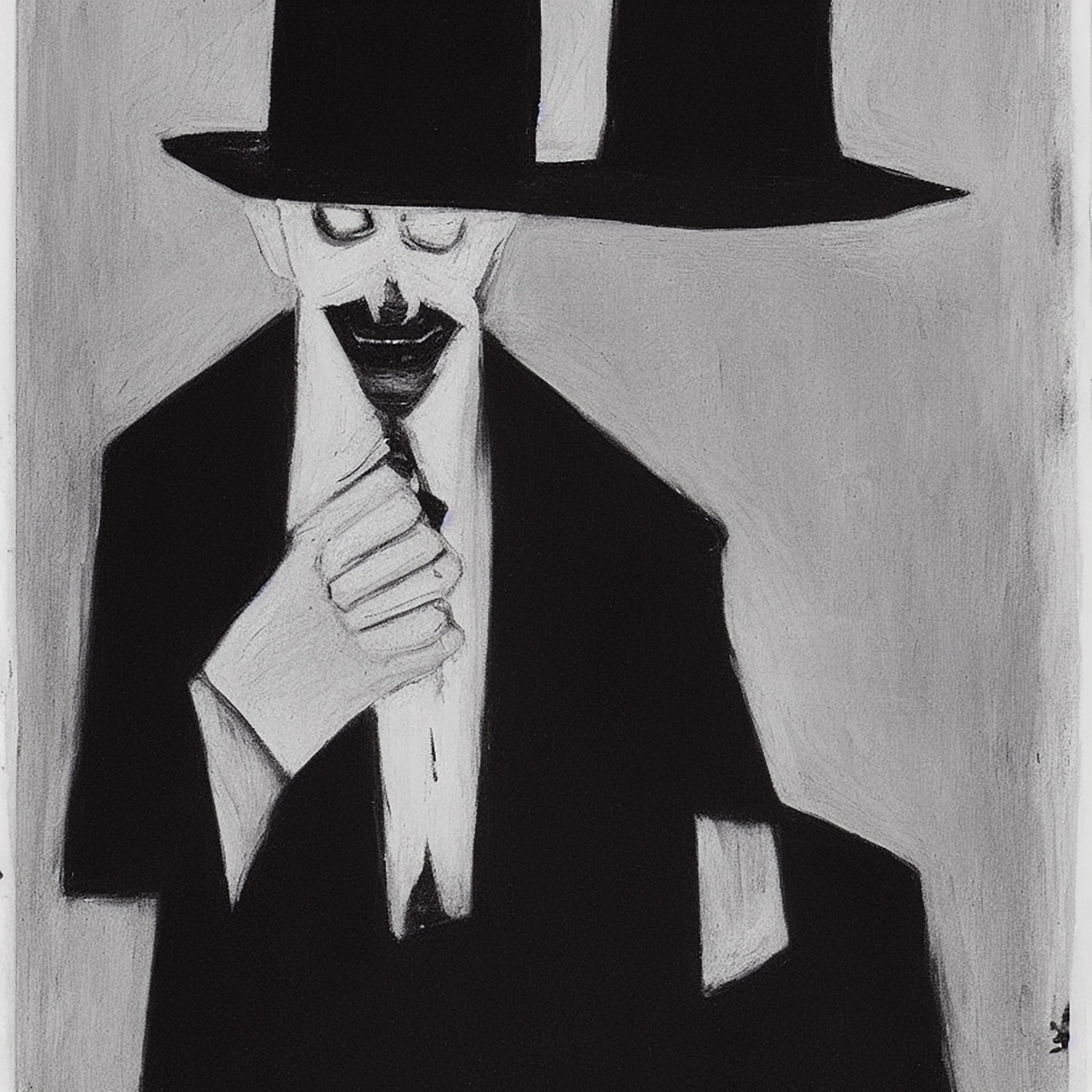 Expressionist charcoal drawing of a faceless man in a top hat and suit.