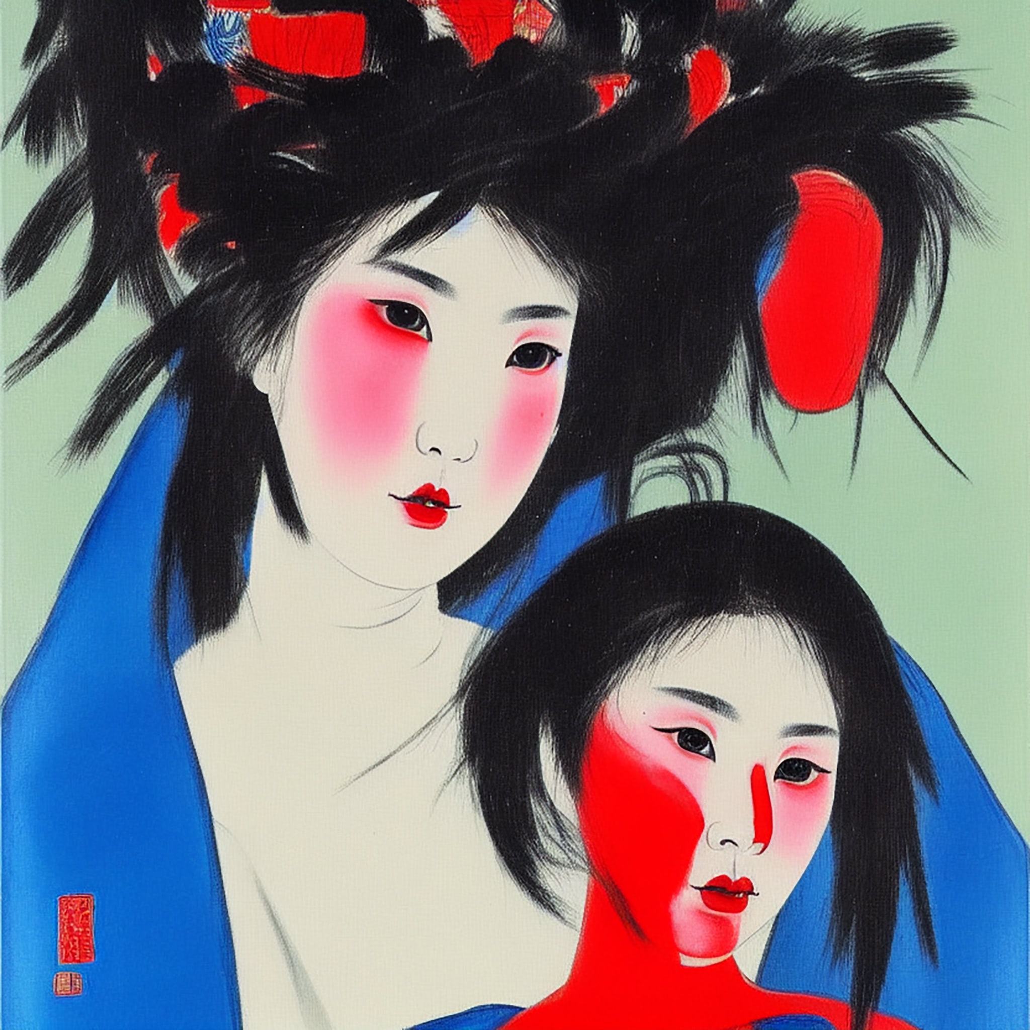 Expressionist painting of two women with red and blue accents.