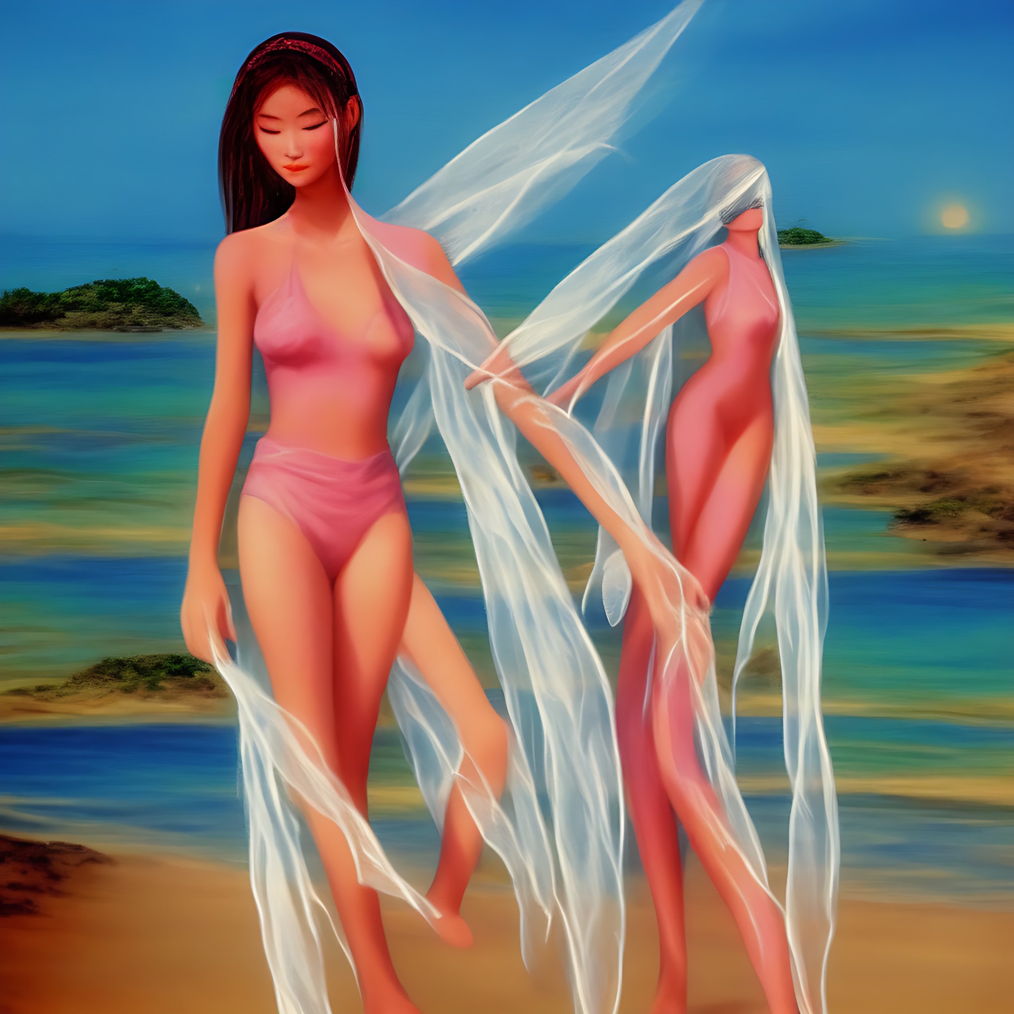 Two women in pink swimsuits, partially veiled in white fabric, walk on a beach.