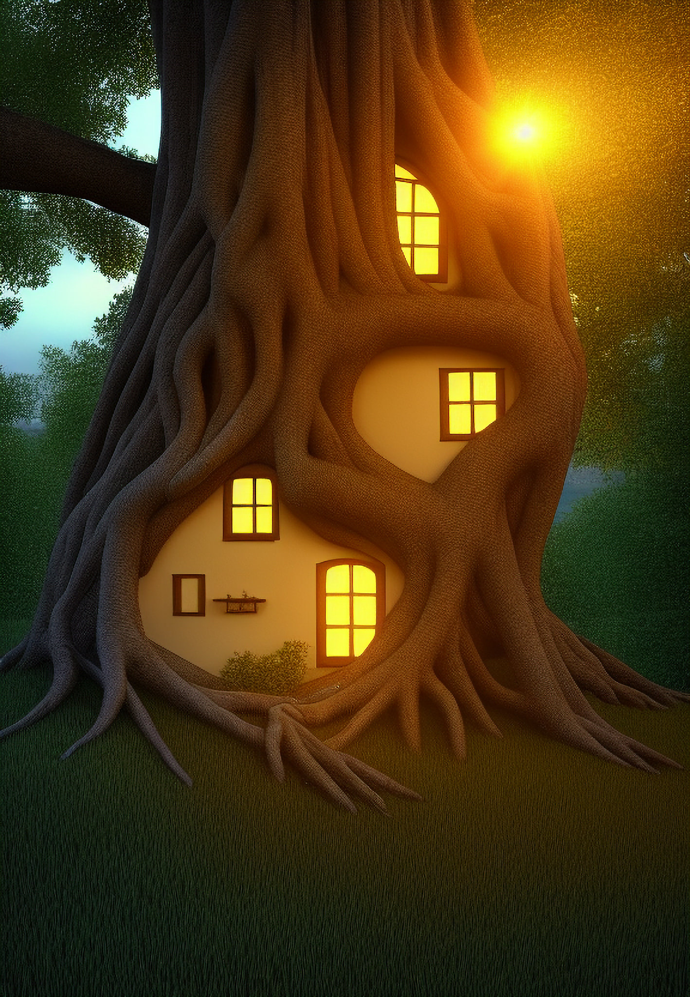 Tree house nestled in large tree roots at sunset.