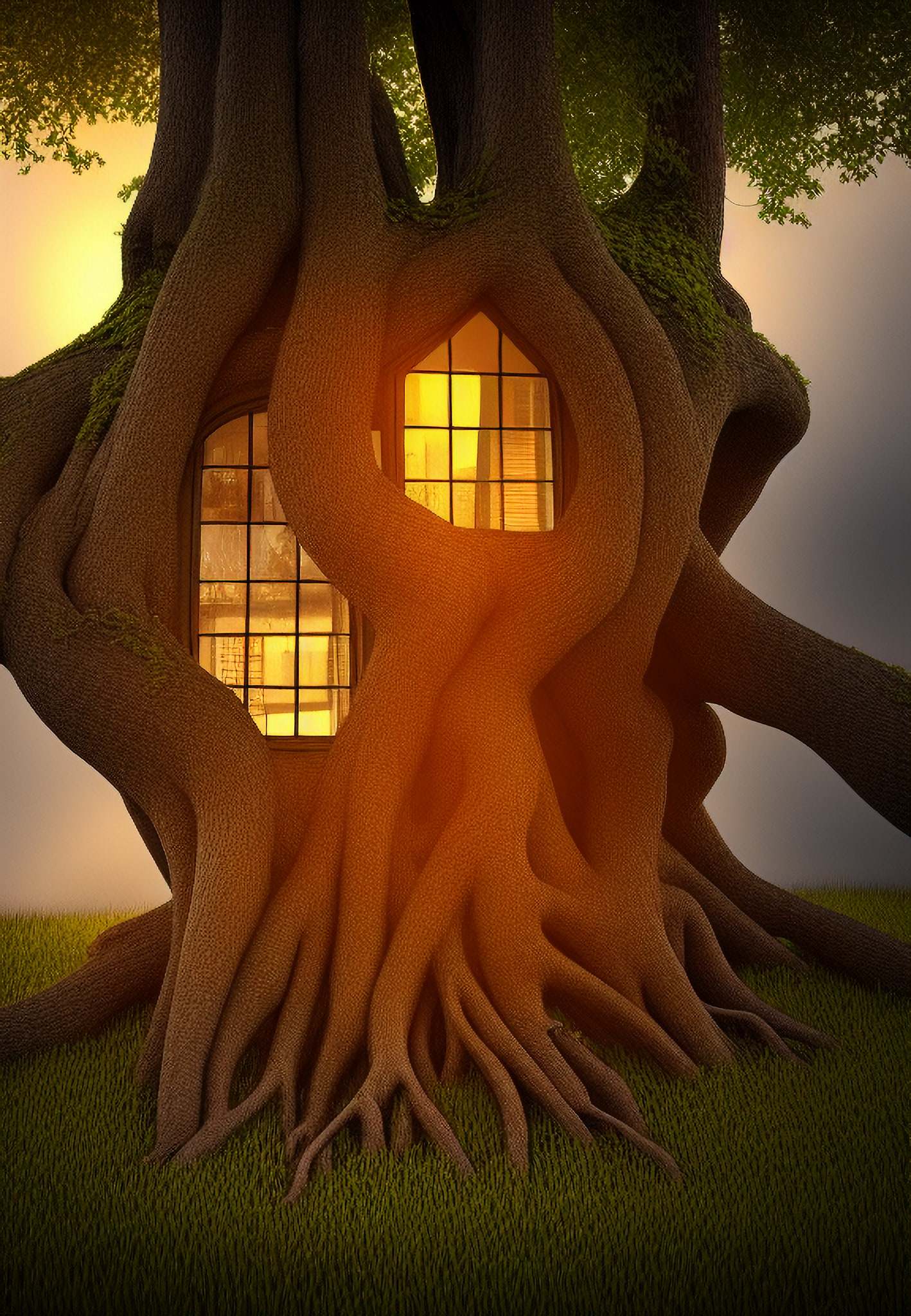 Tree house with lit windows nestled in the roots of a large tree.