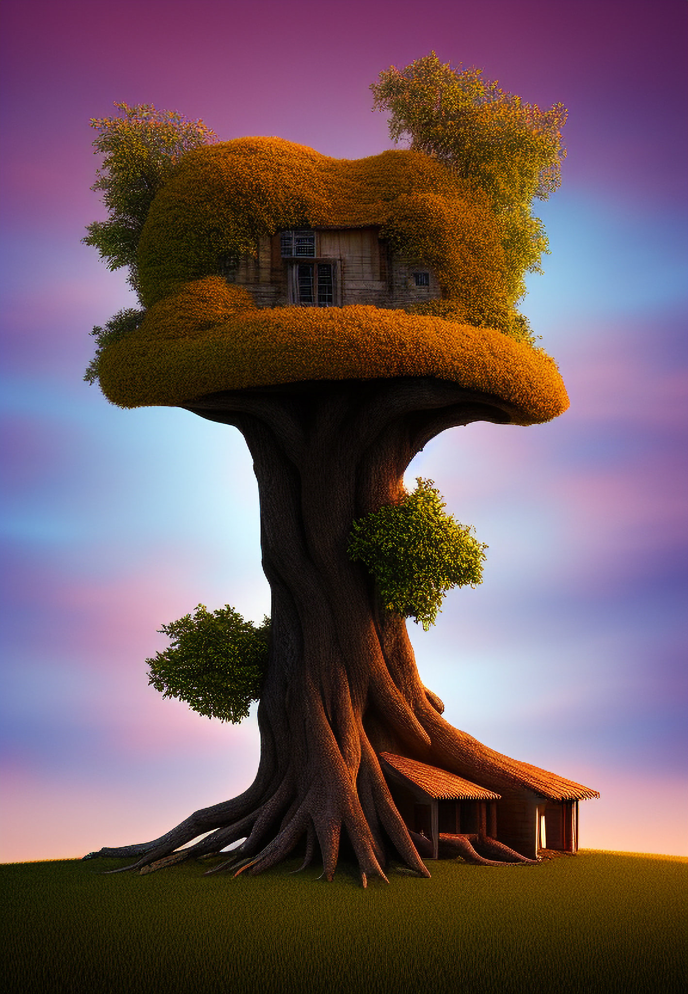 Fantasy house nestled in a large tree, overlooking a grassy field at sunset.