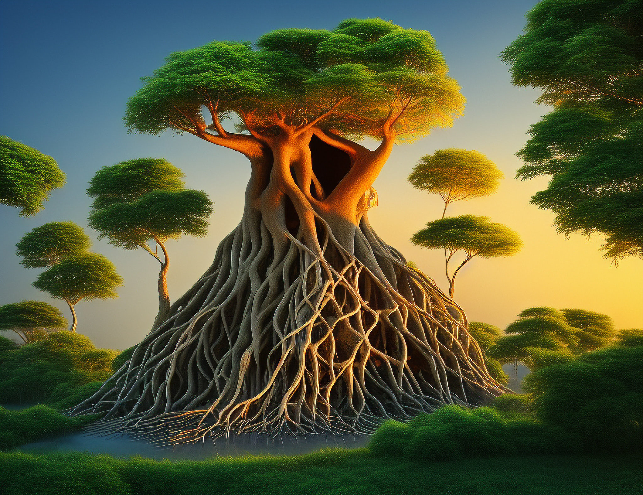 Fantasy illustration of a large tree with exposed roots and lush green foliage, set against a sunset sky.