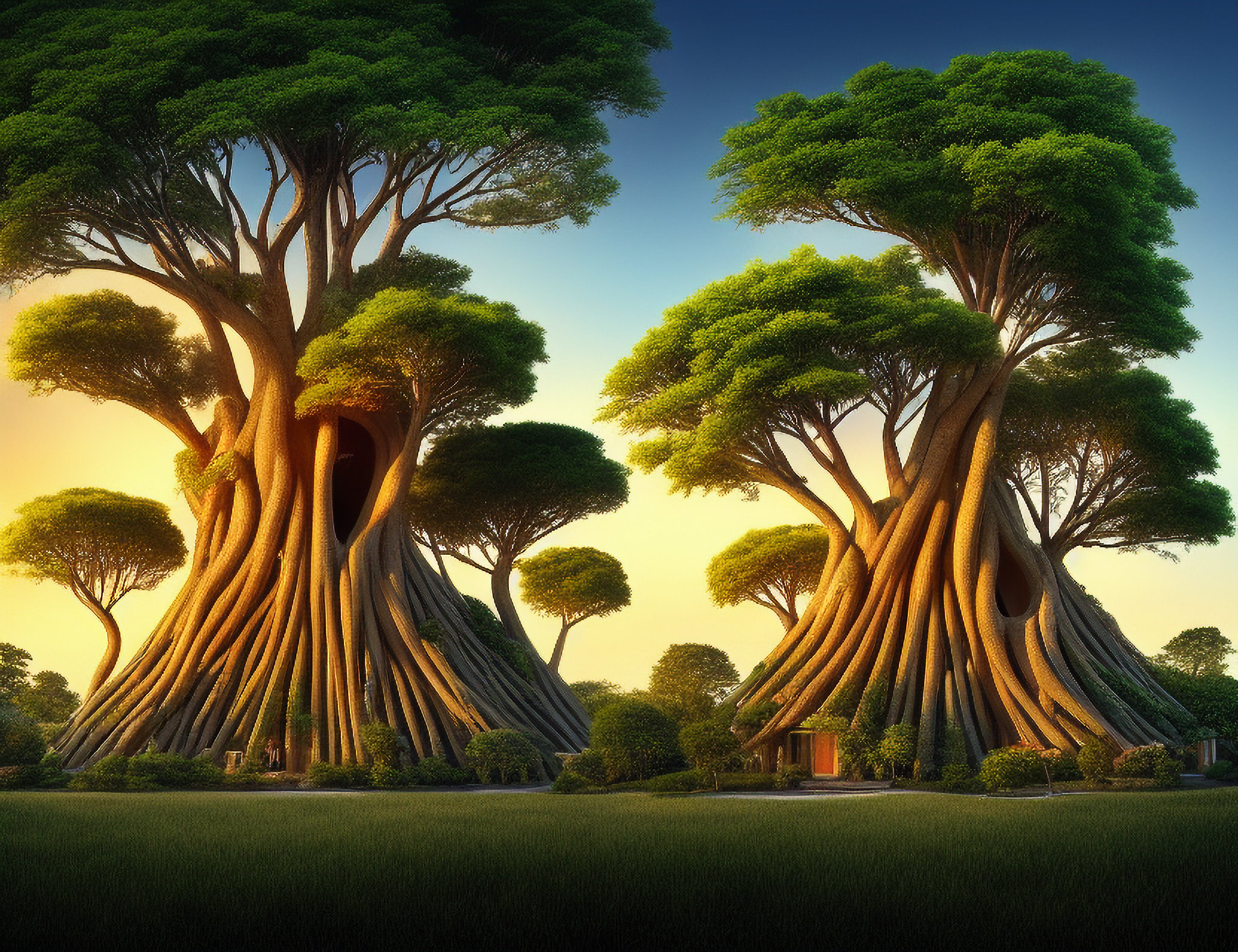 Two fantastical homes nestled within the massive, intertwined roots of enormous trees at sunset.