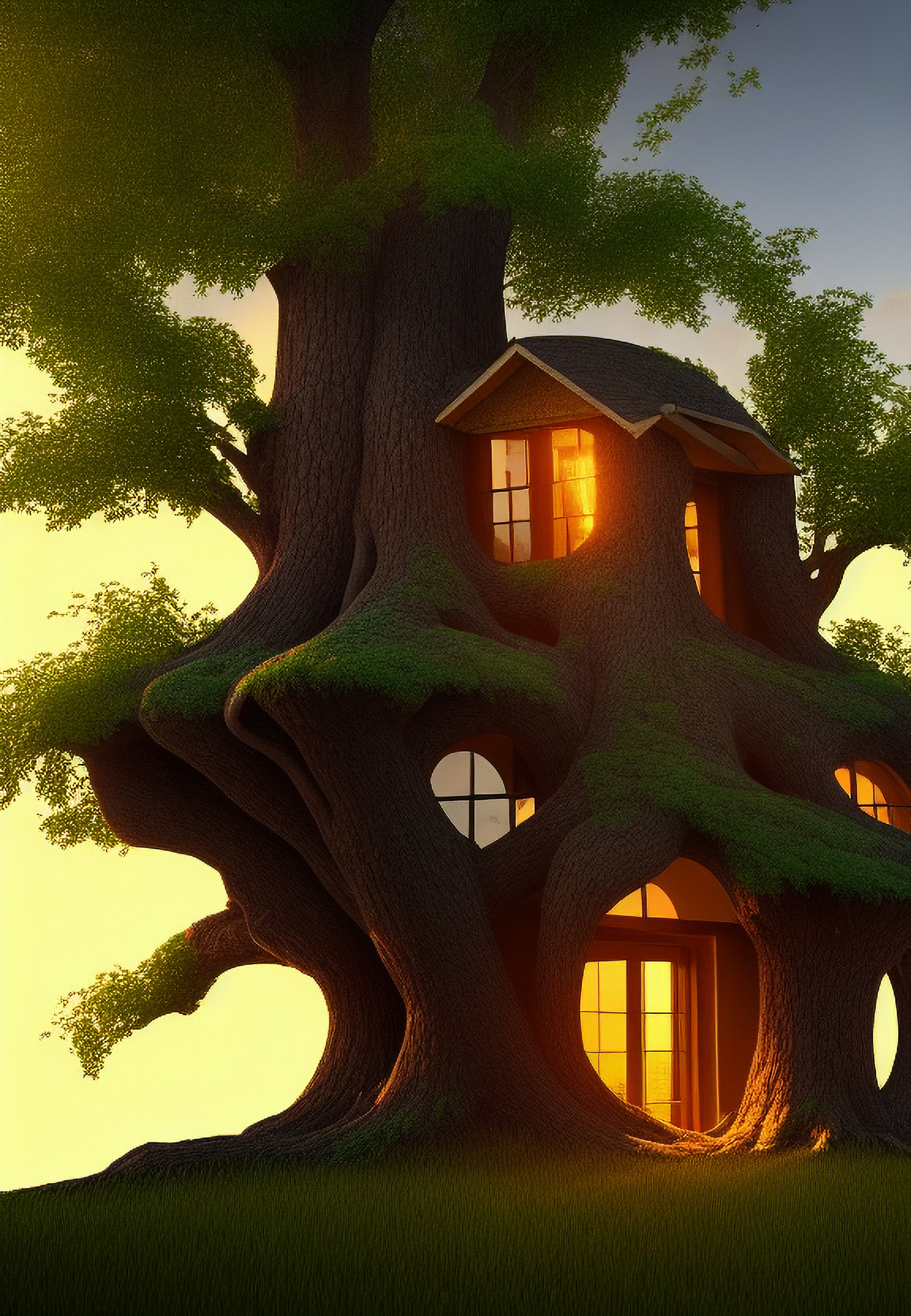 Fantasy tree house with lit windows at sunset.