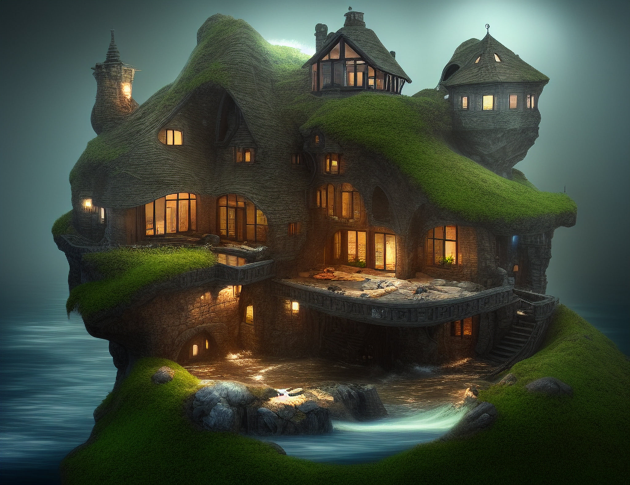 A whimsical, moss-covered house sits on a small island in the ocean at night.