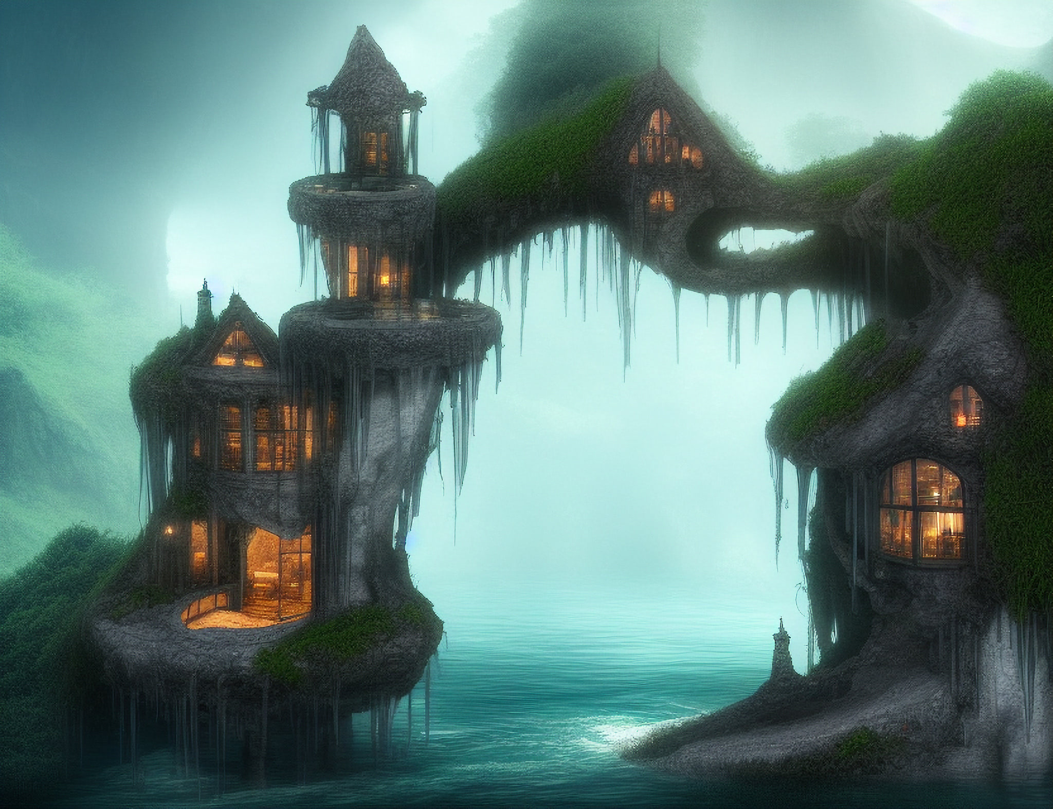A fantasy house built into a cliff overlooking a calm ocean.