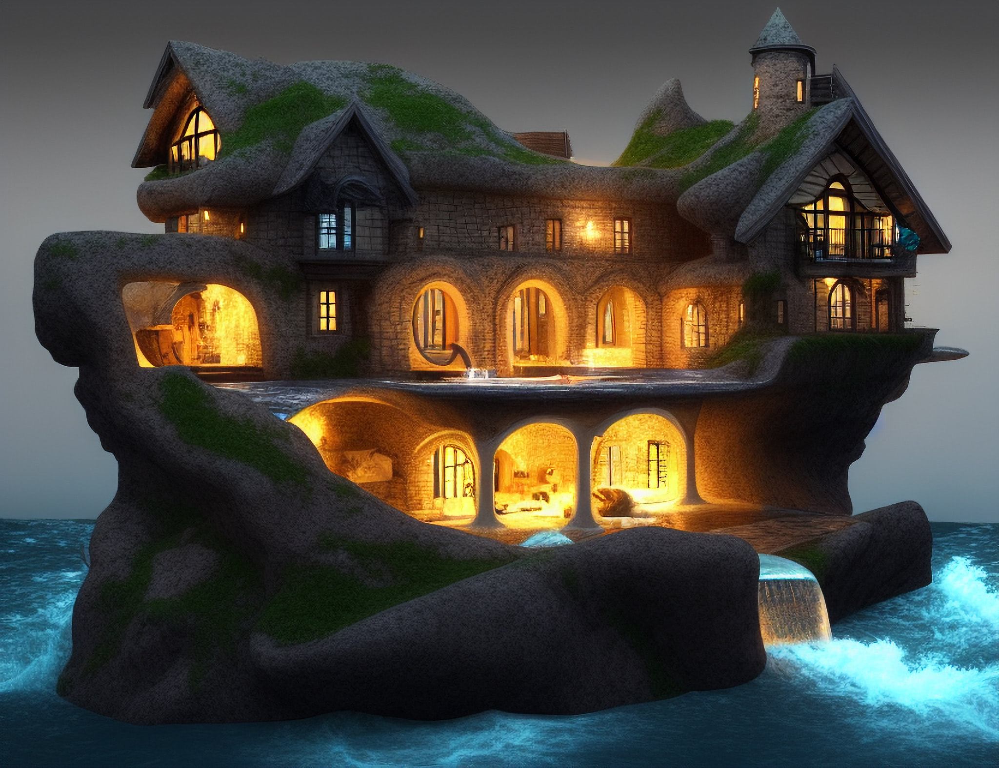 A whimsical, illuminated stone house built into a cliff overlooking the ocean.