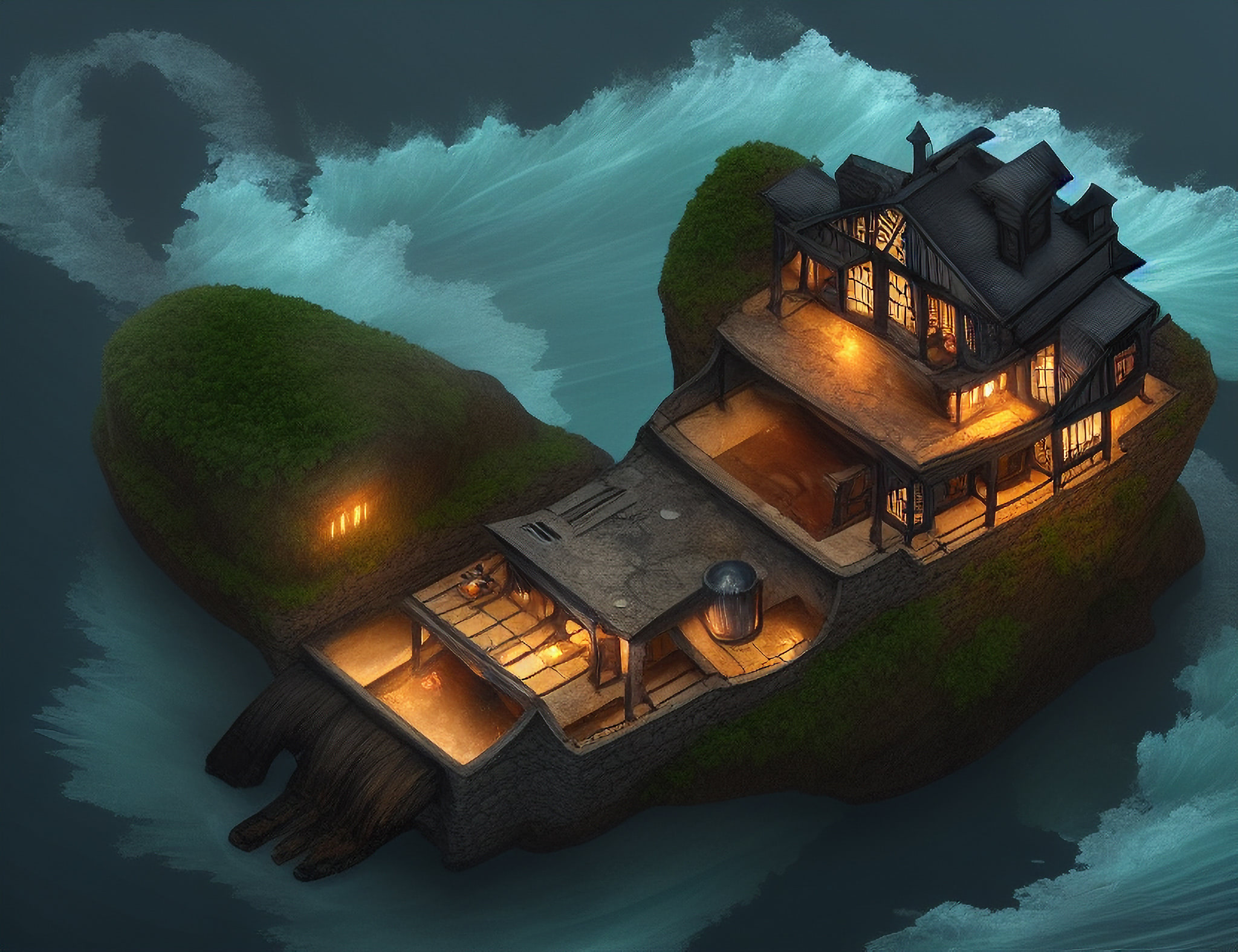 A digitally-painted fantasy house built into a cliffside overlooking a wild ocean.