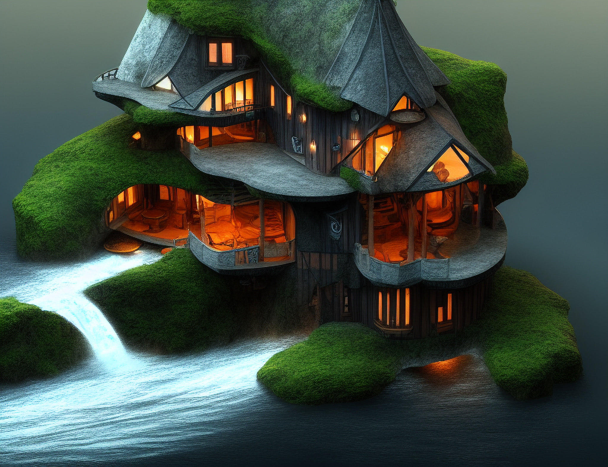 Fantasy house nestled in a moss-covered cliff overlooking a waterfall.