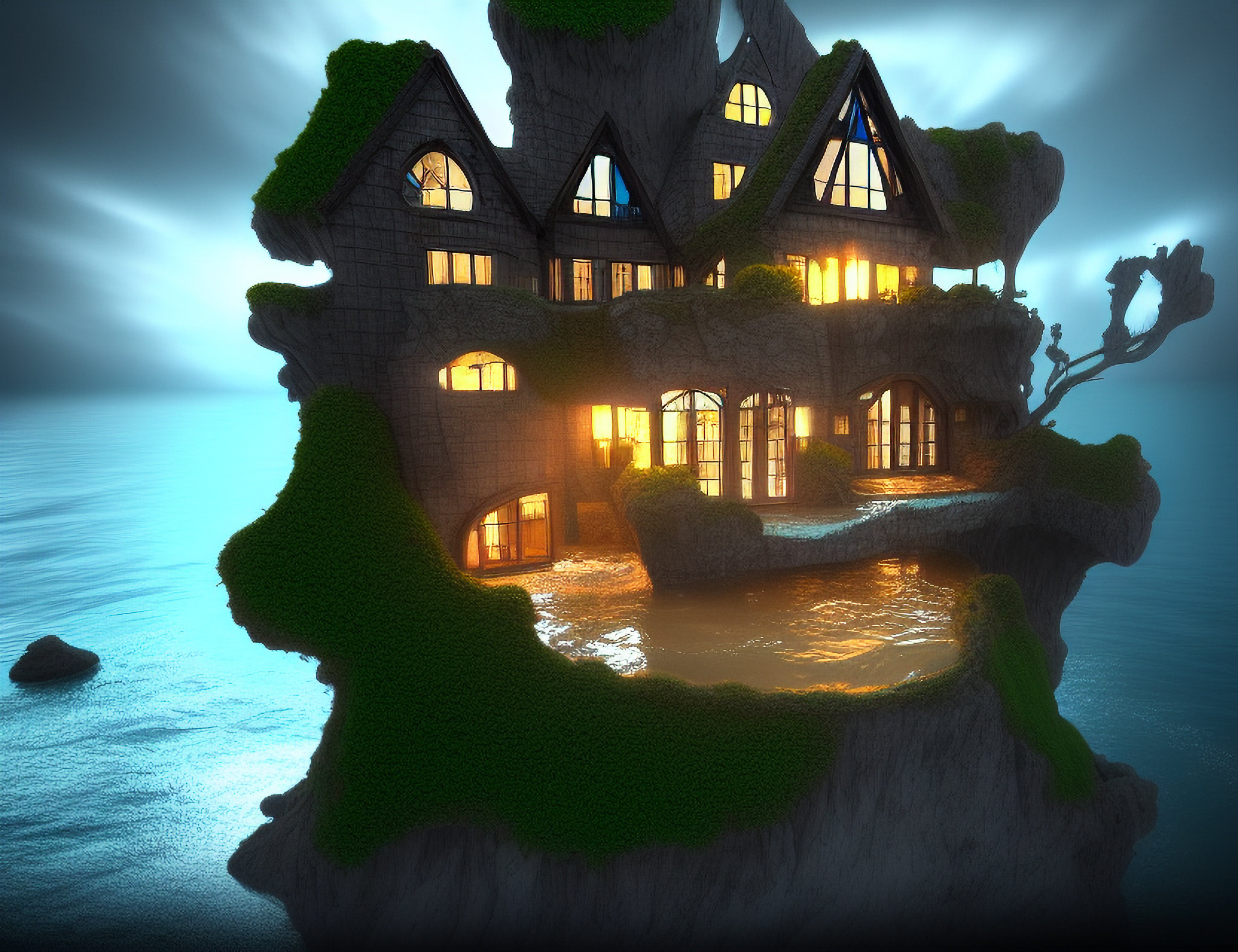 A fantasy house built into a cliff overlooking the ocean at night.