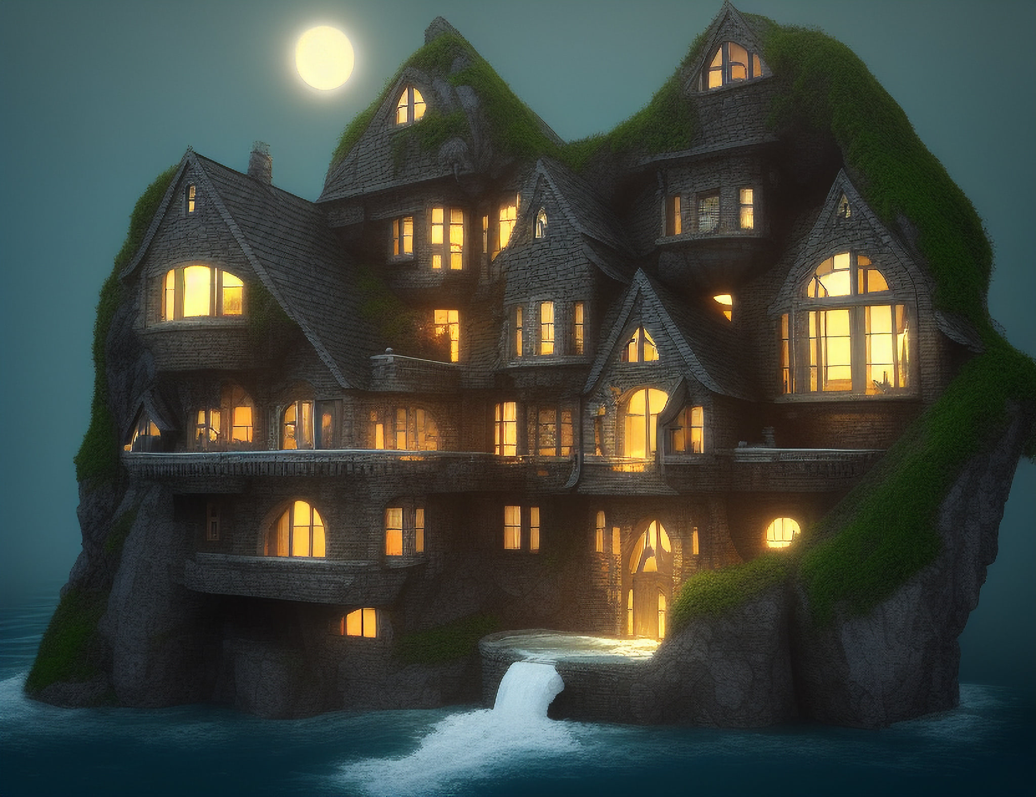 A large, illuminated fantasy house built into a cliff overlooking the ocean at night.