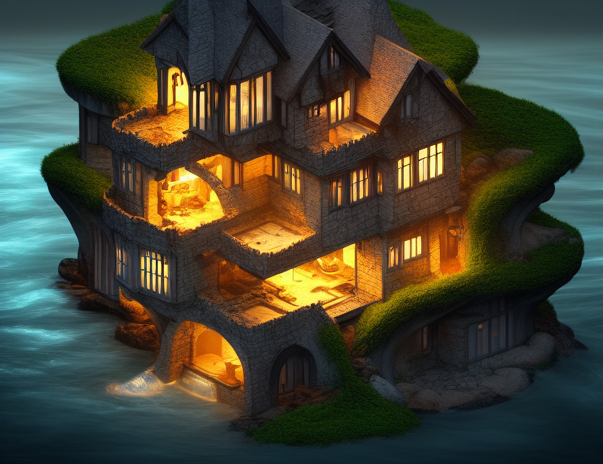 A digitally rendered fantasy house built into a cliffside overlooking the ocean, lit from within.