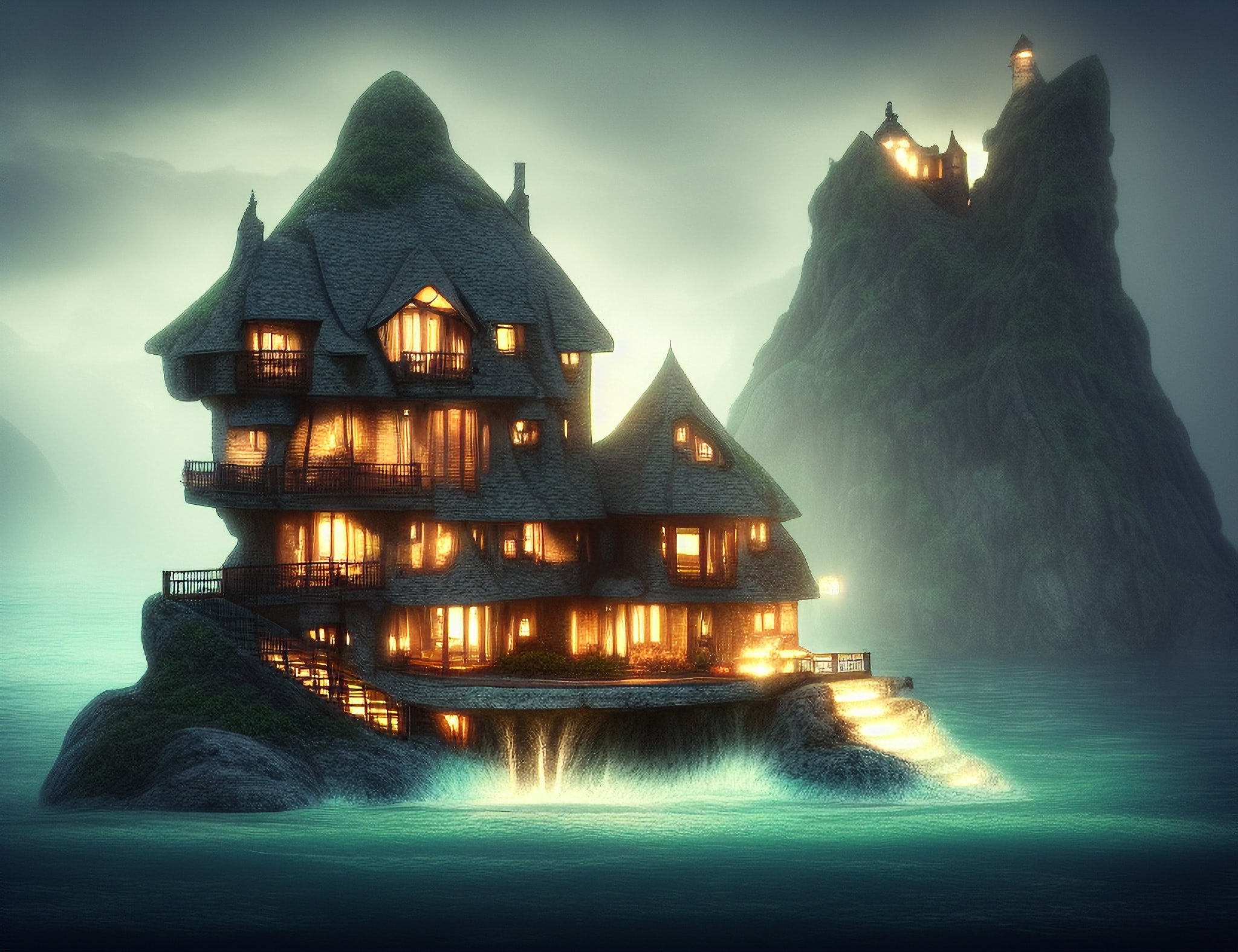 A multi-level house with a mossy roof sits on a rock outcropping in the ocean, lit from within; a smaller structure is visible on a nearby rock.