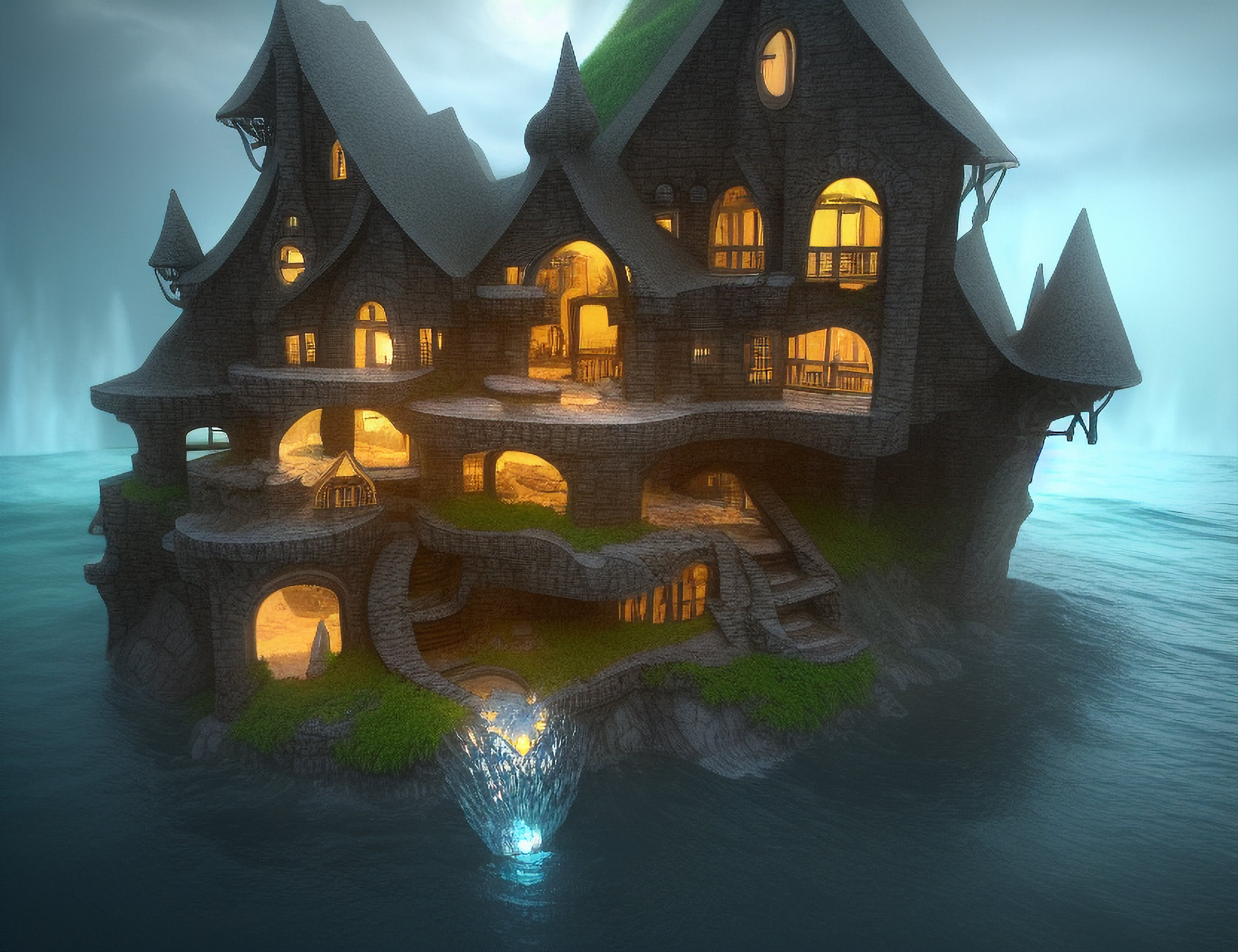 A fantasy house with lights on, situated on a small island in the ocean.