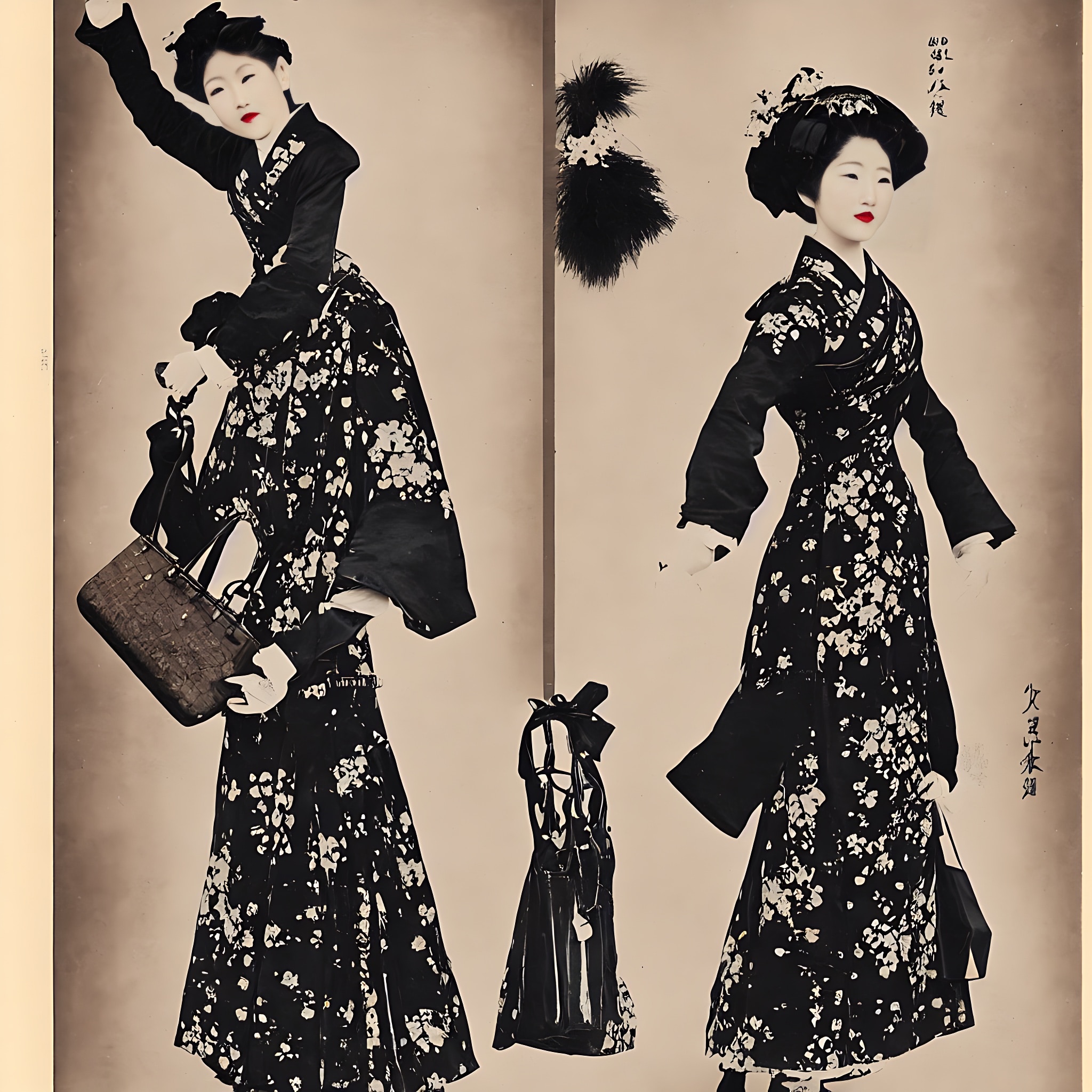 Diptych of a woman in a black and white floral kimono-style dress, carrying a handbag.