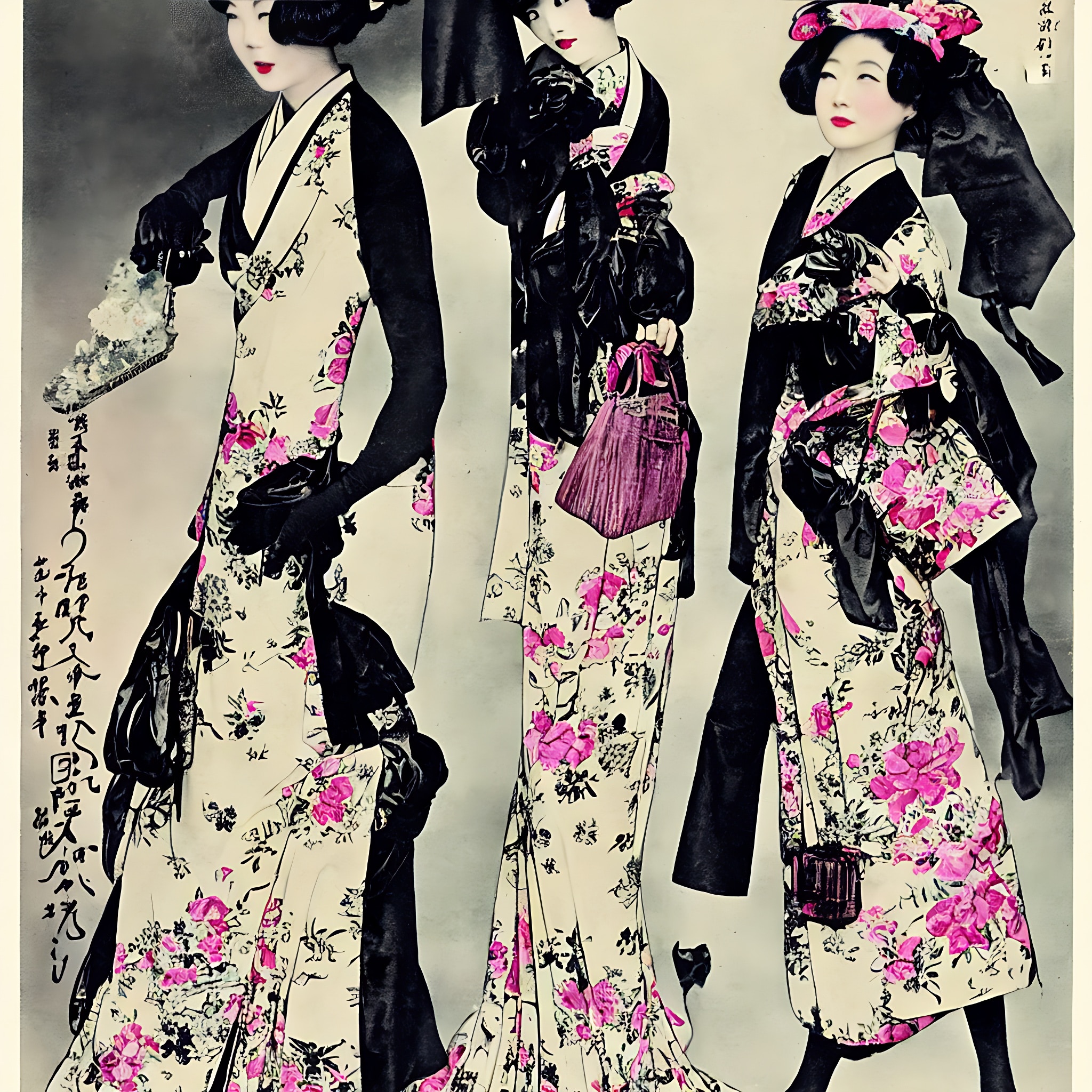 Three women in 1920s-style floral kimono dresses.