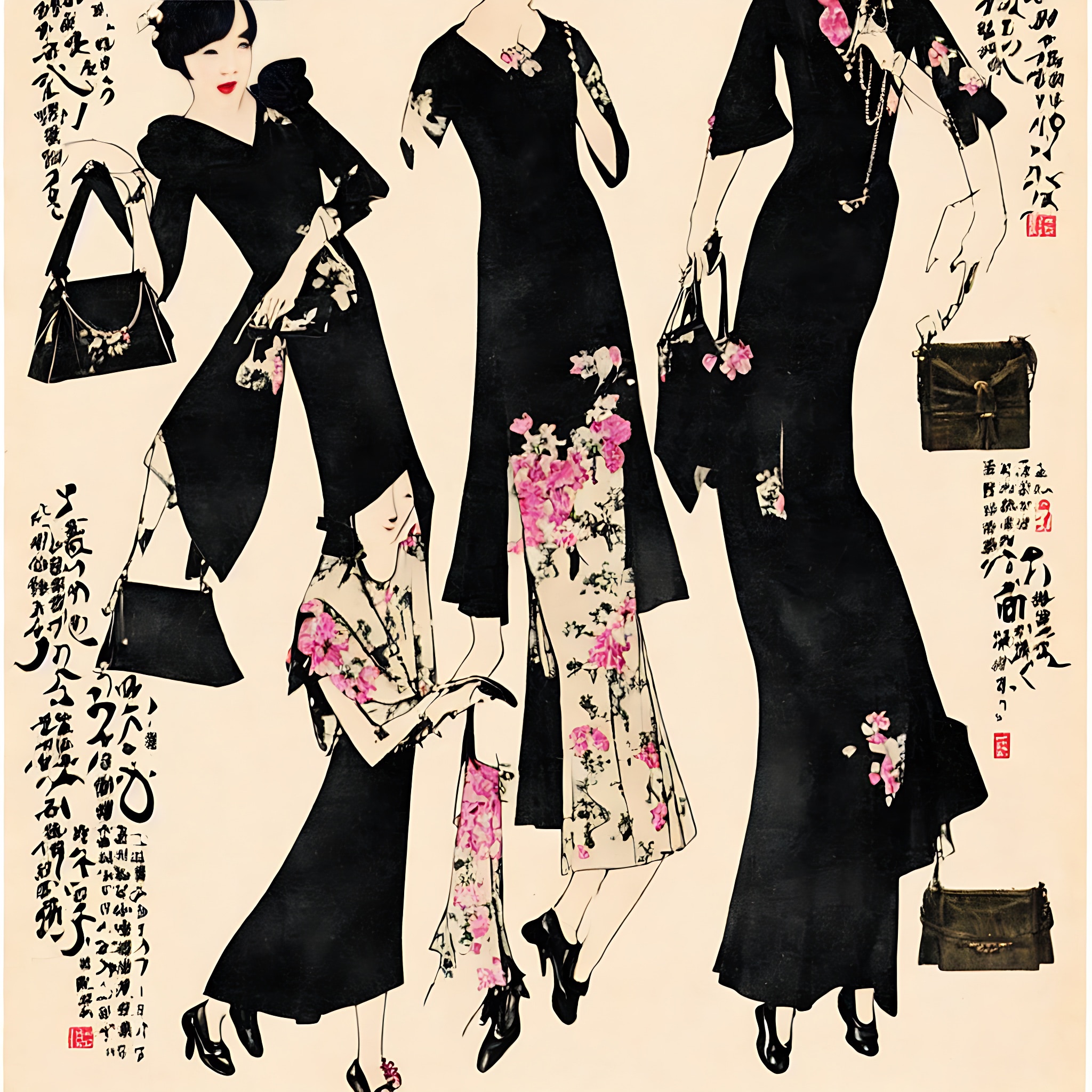 1920s fashion advertisement featuring women in black dresses and floral accents, carrying handbags.