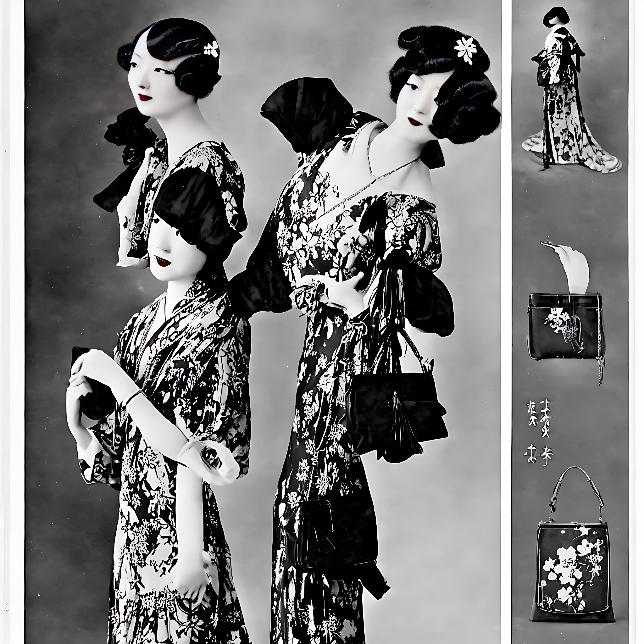 1920s fashion advertisement featuring three models in black and white floral dresses and various handbags.