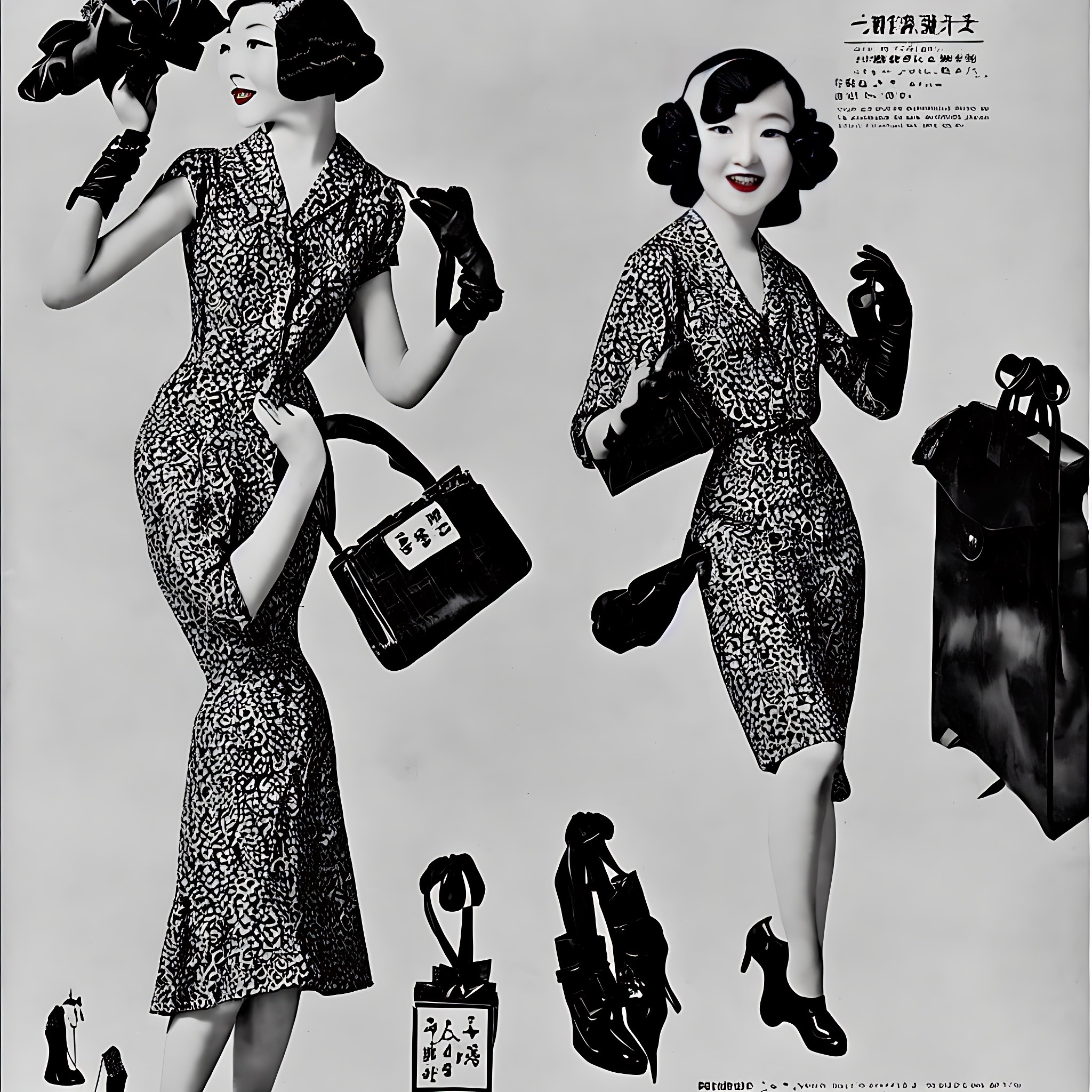 1930s black and white fashion advertisement featuring two models in animal print dresses and accessories.