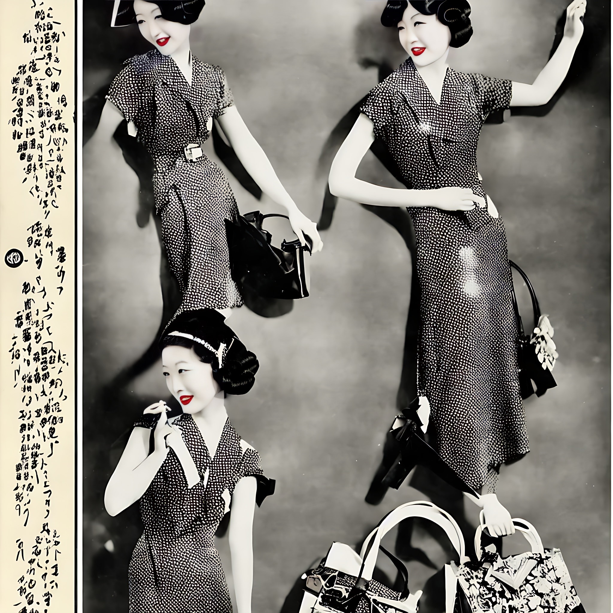 1930s fashion advertisement featuring three models in polka dot dresses and handbags.