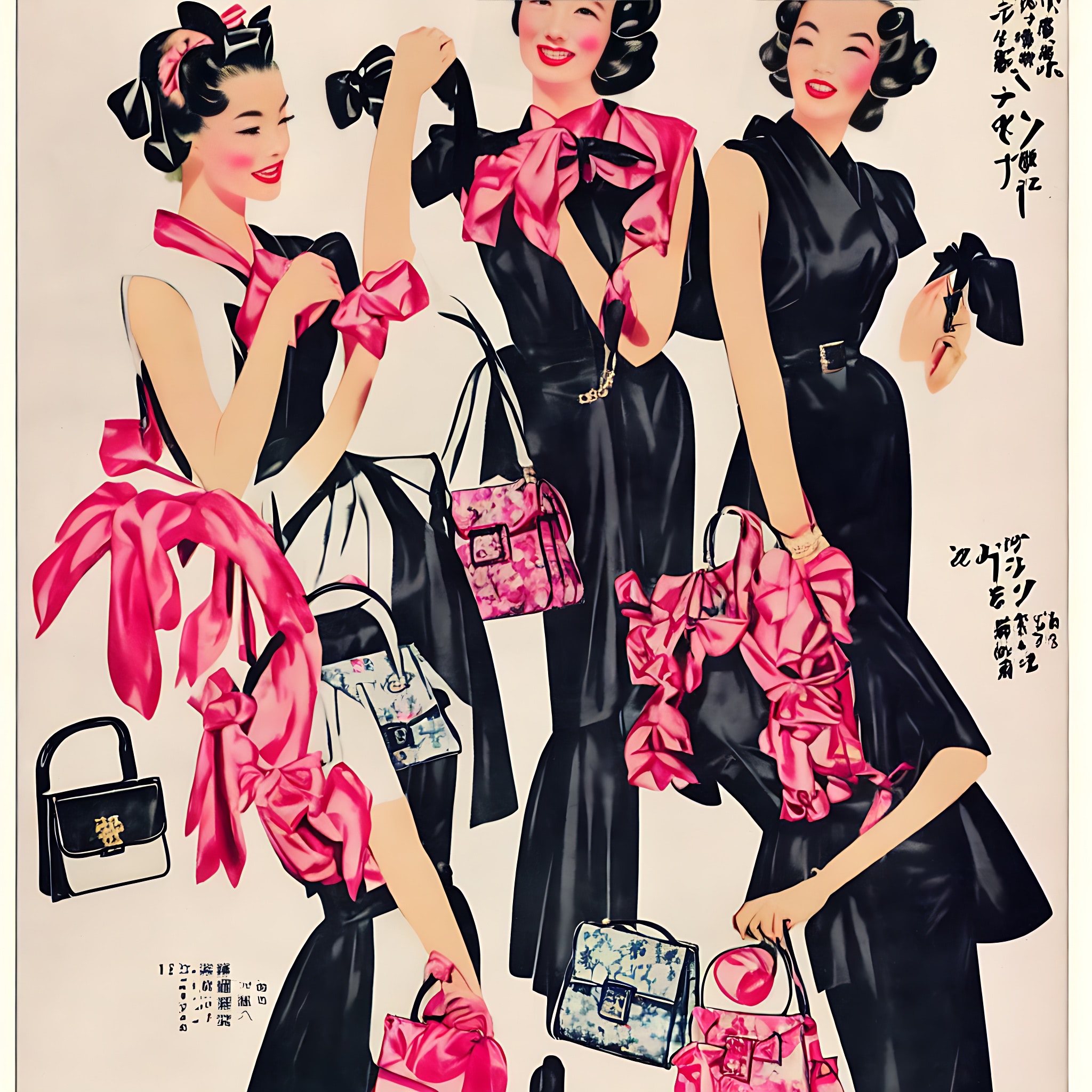 1940s fashion advertisement featuring women in stylish dresses and handbags.