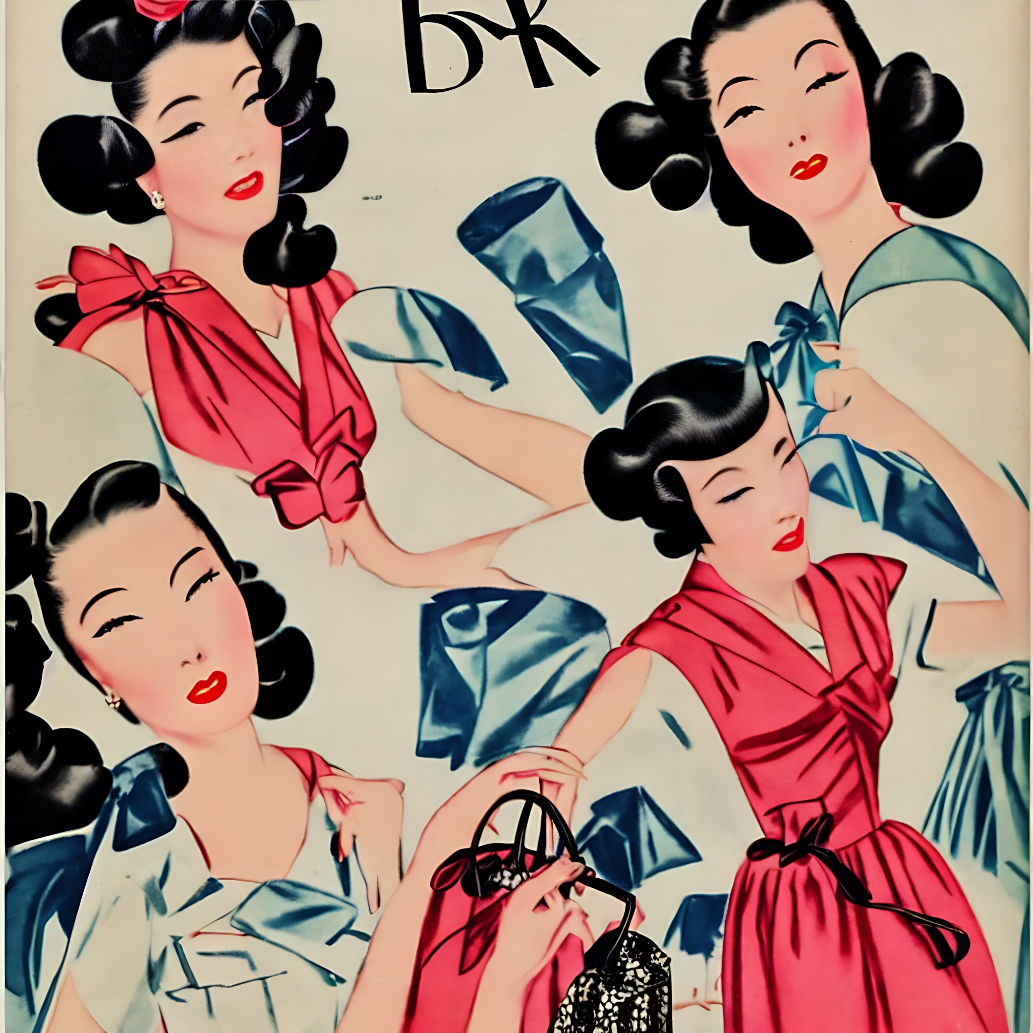 1940s fashion advertisement featuring four women with dark hair styled in victory rolls, modeling various red and blue dresses.