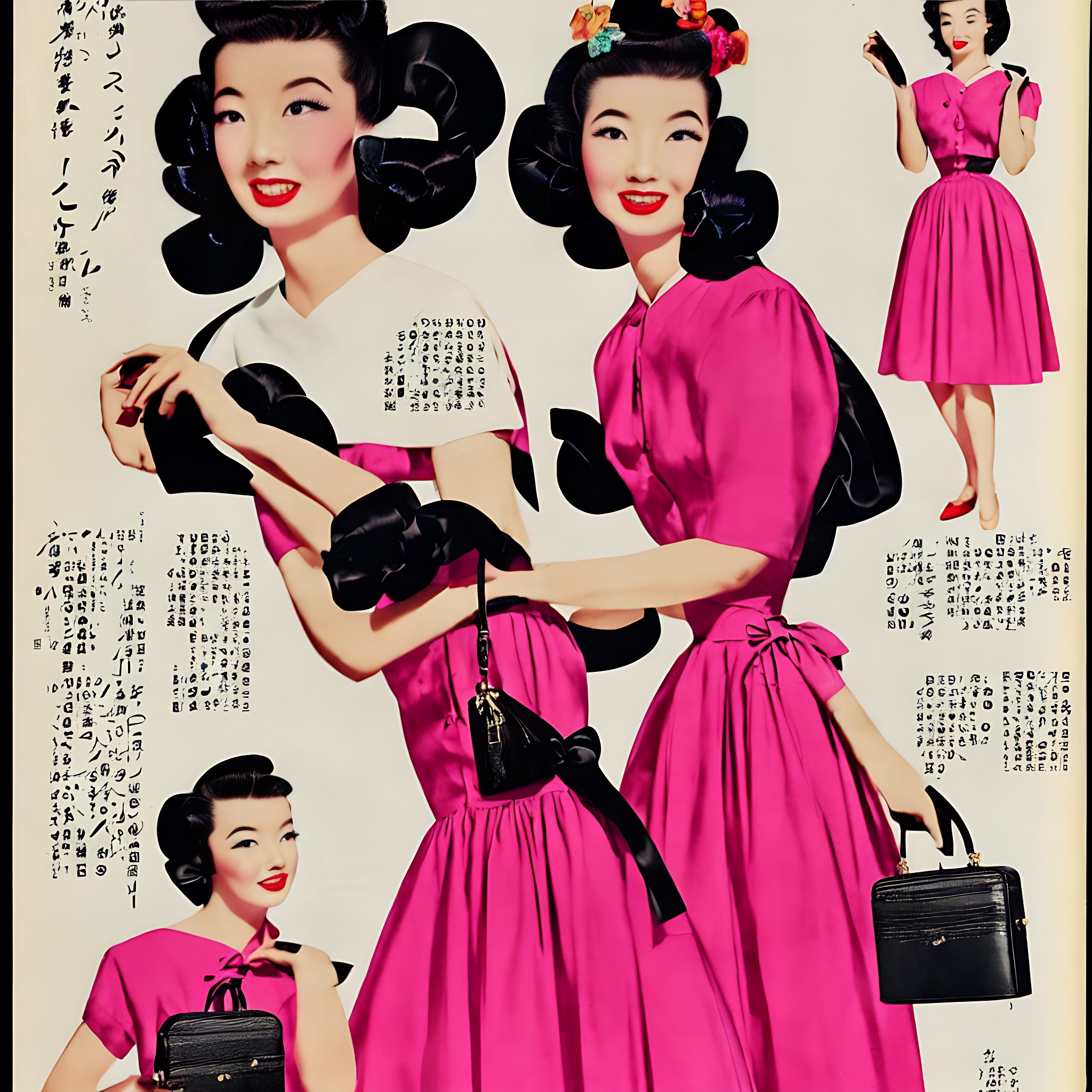 1950s Japanese fashion advertisement featuring women in pink dresses and black handbags.
