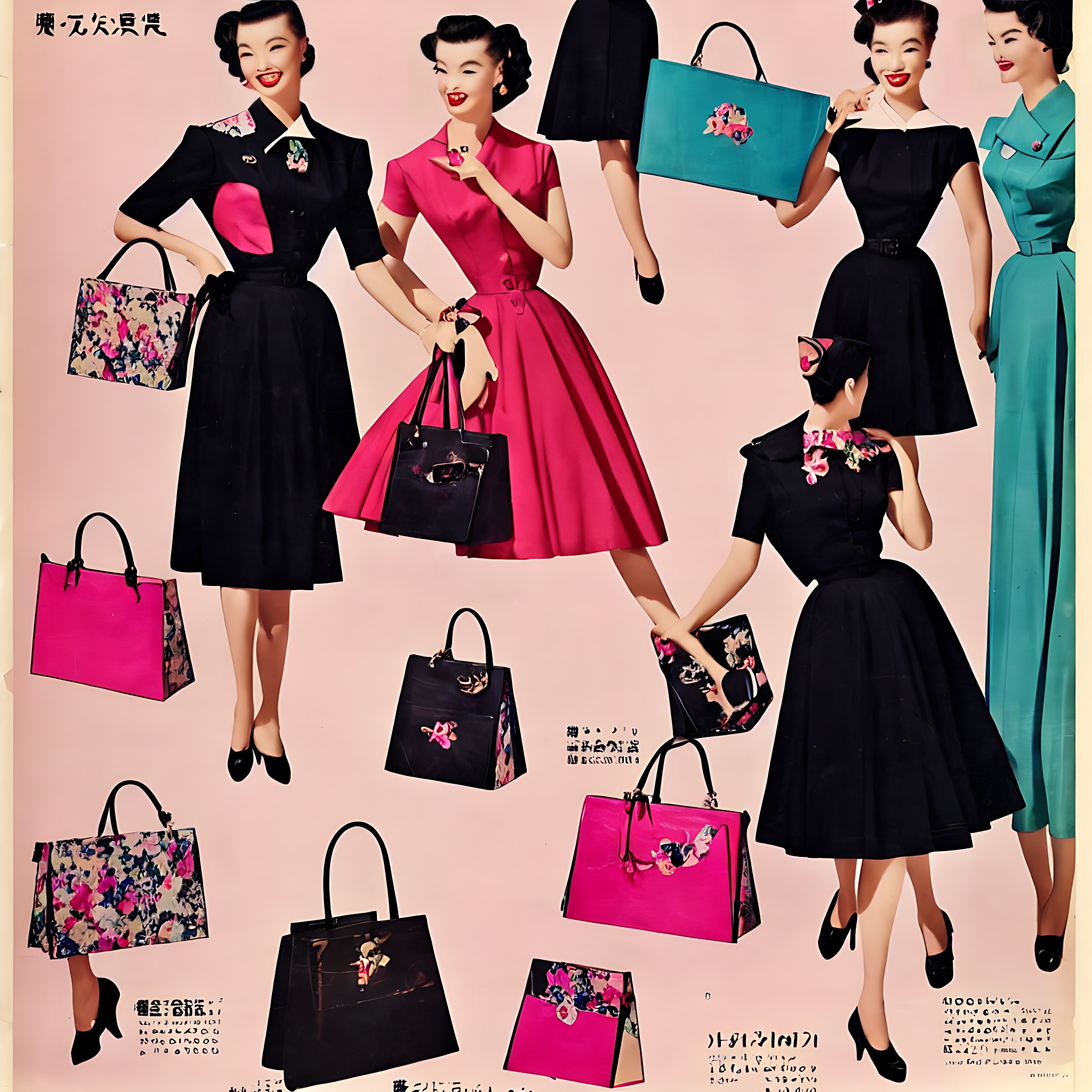 1950s fashion advertisement featuring women in dresses and handbags.