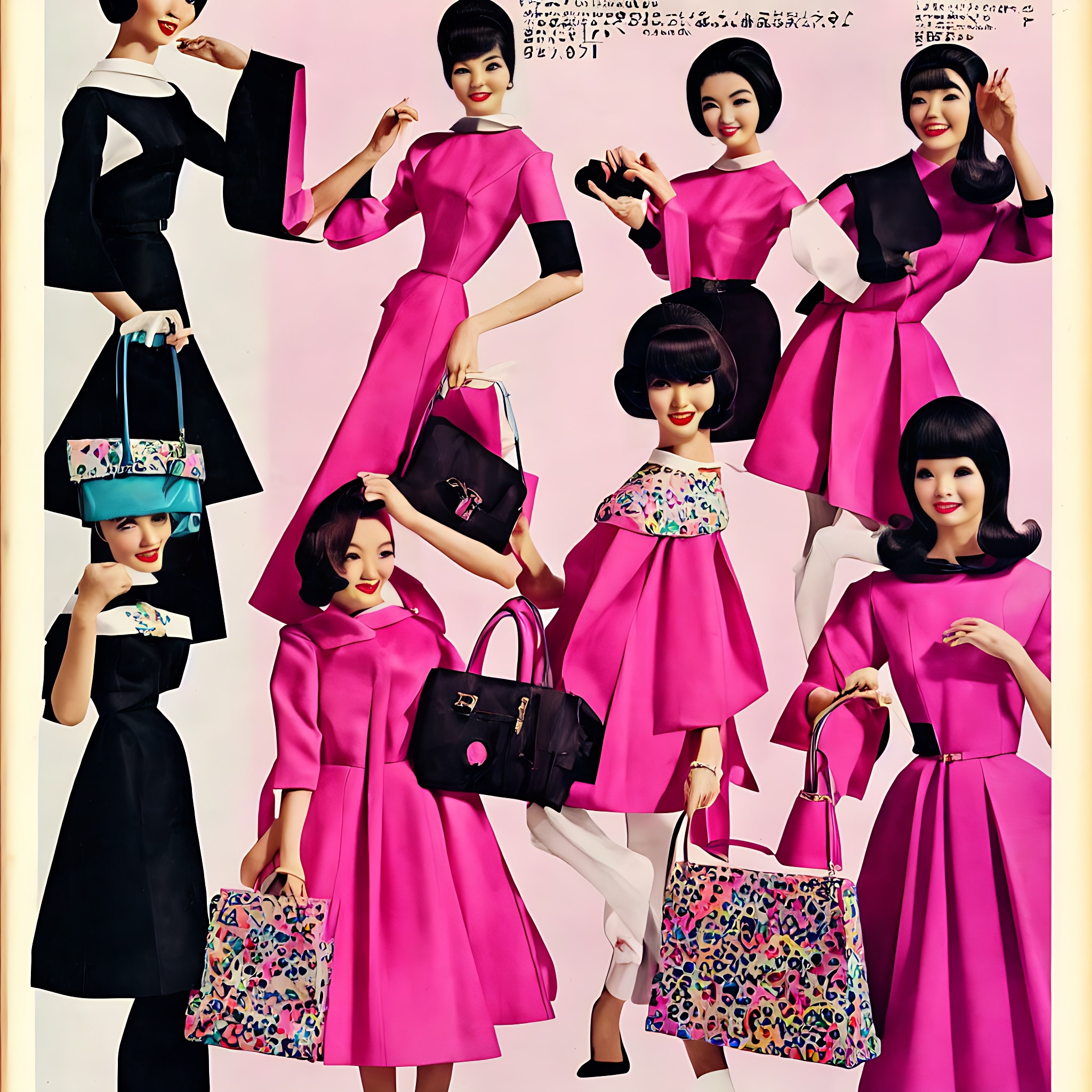 1960s fashion advertisement featuring models in various pink and black dresses and carrying colorful handbags.