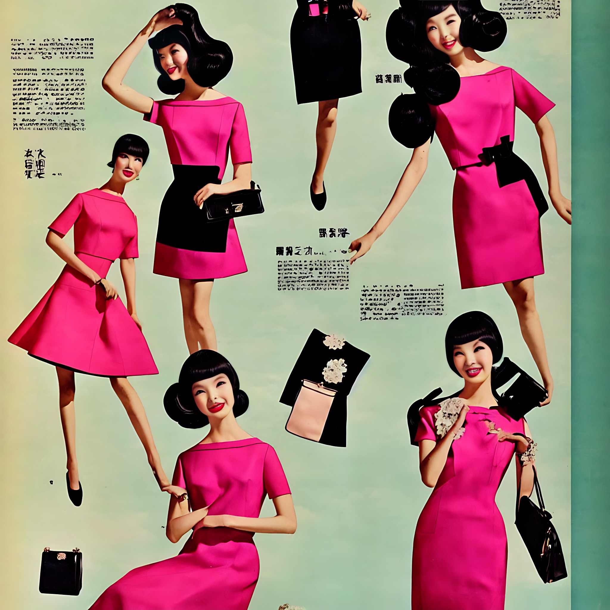 1960s fashion advertisement featuring models in pink and black dresses and carrying handbags.