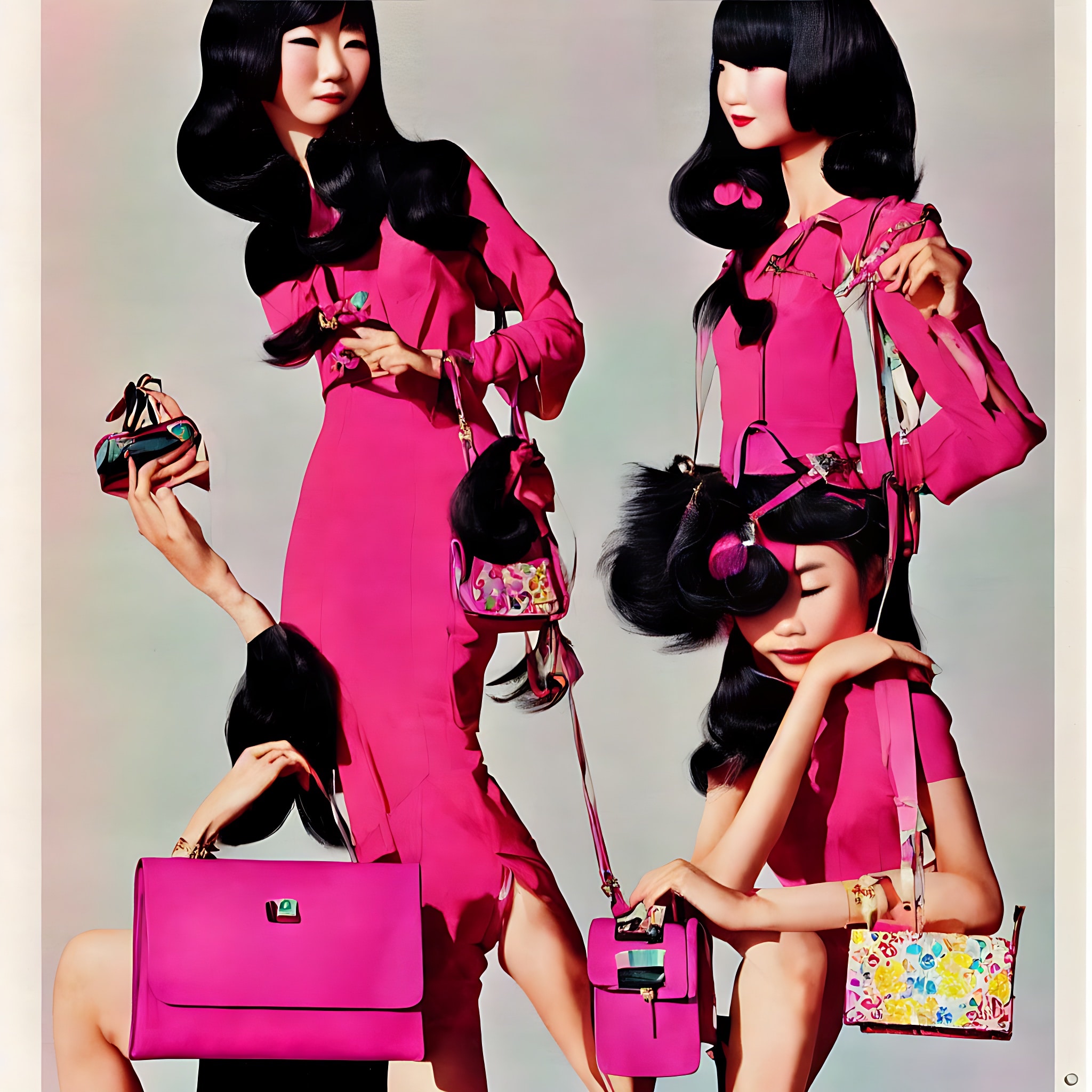 Three models with long black hair pose in bright pink 1970s-style outfits and accessories.
