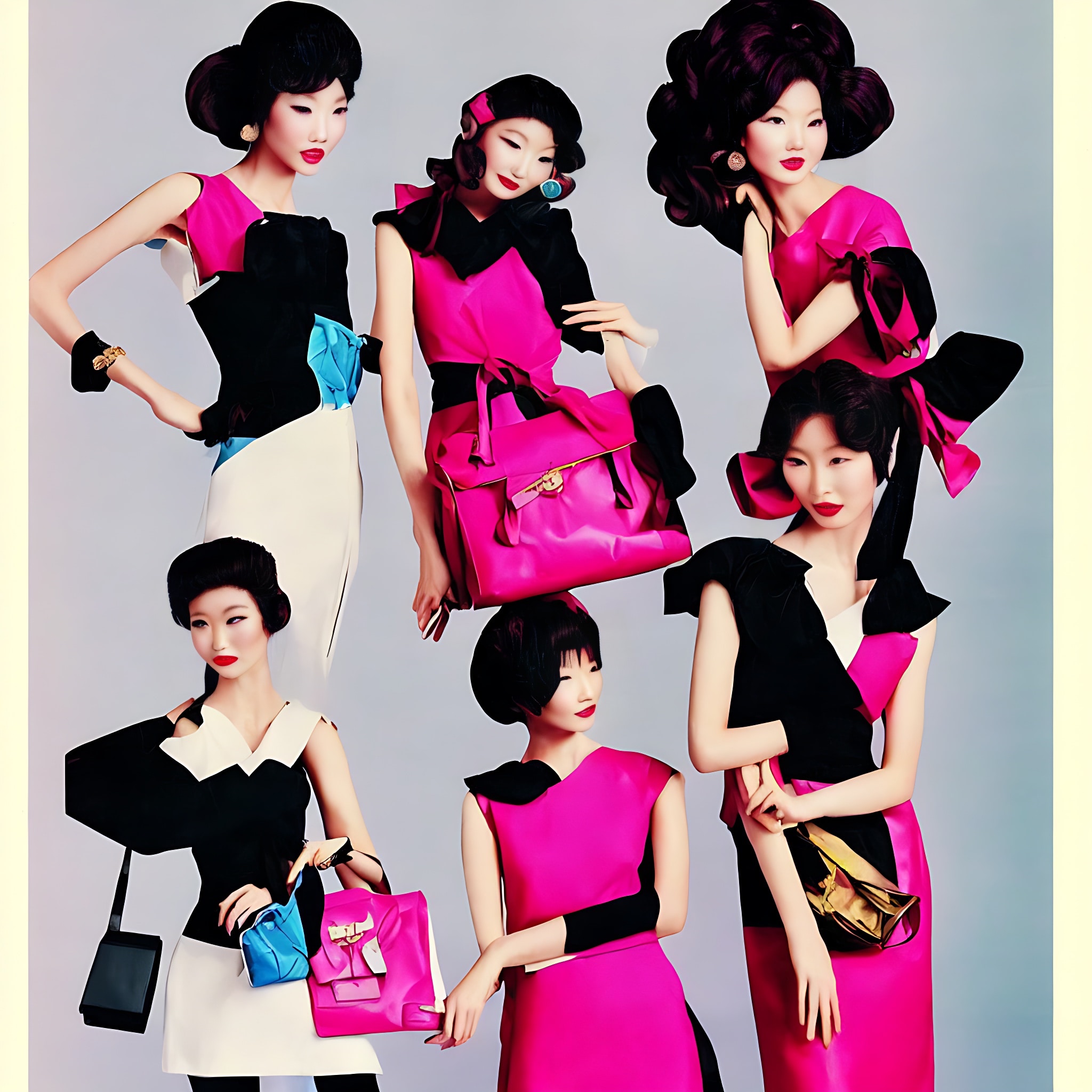 Six models in 1980s-style fashion, posing with handbags.