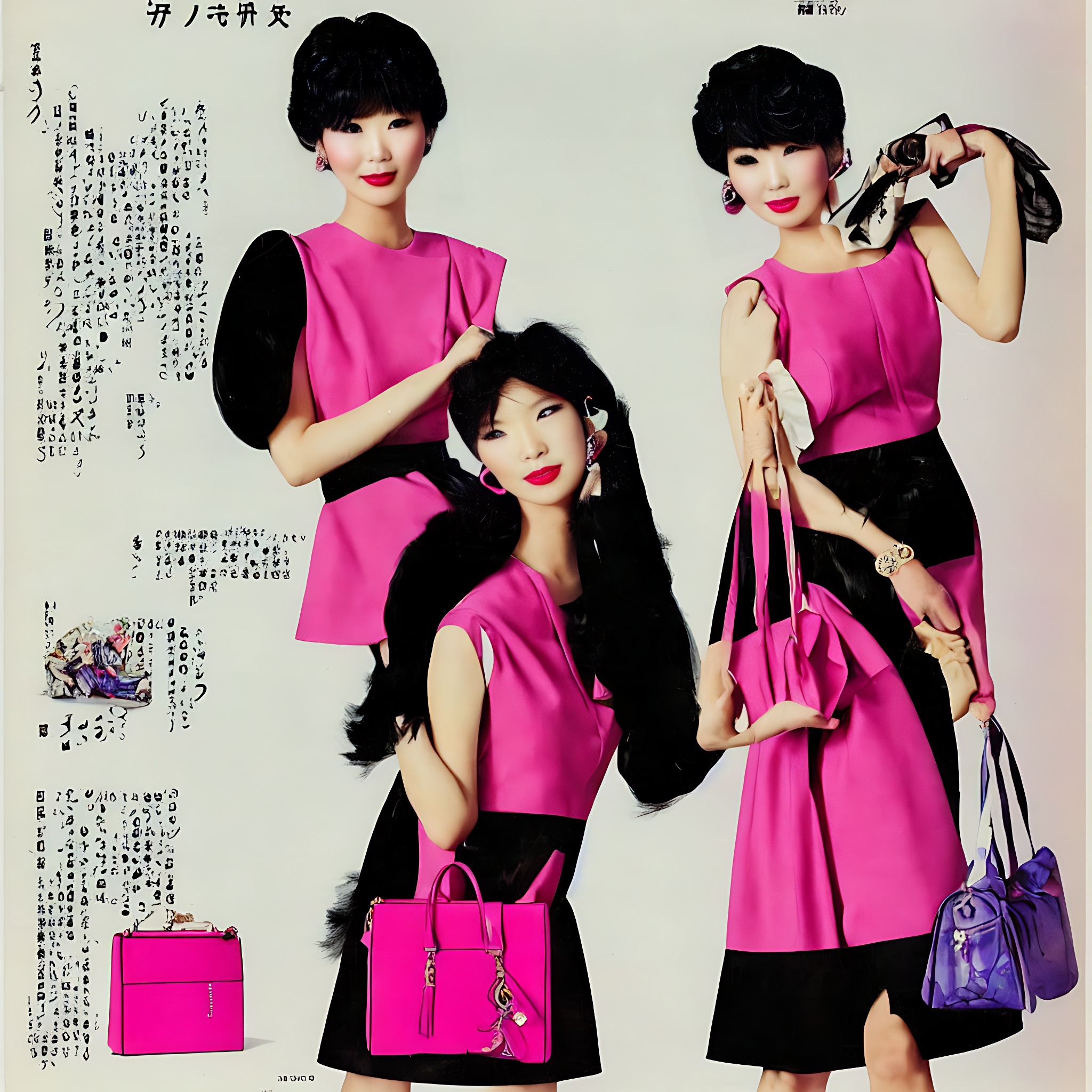 1980s Japanese fashion advertisement featuring three models in pink and black dresses and carrying various handbags.