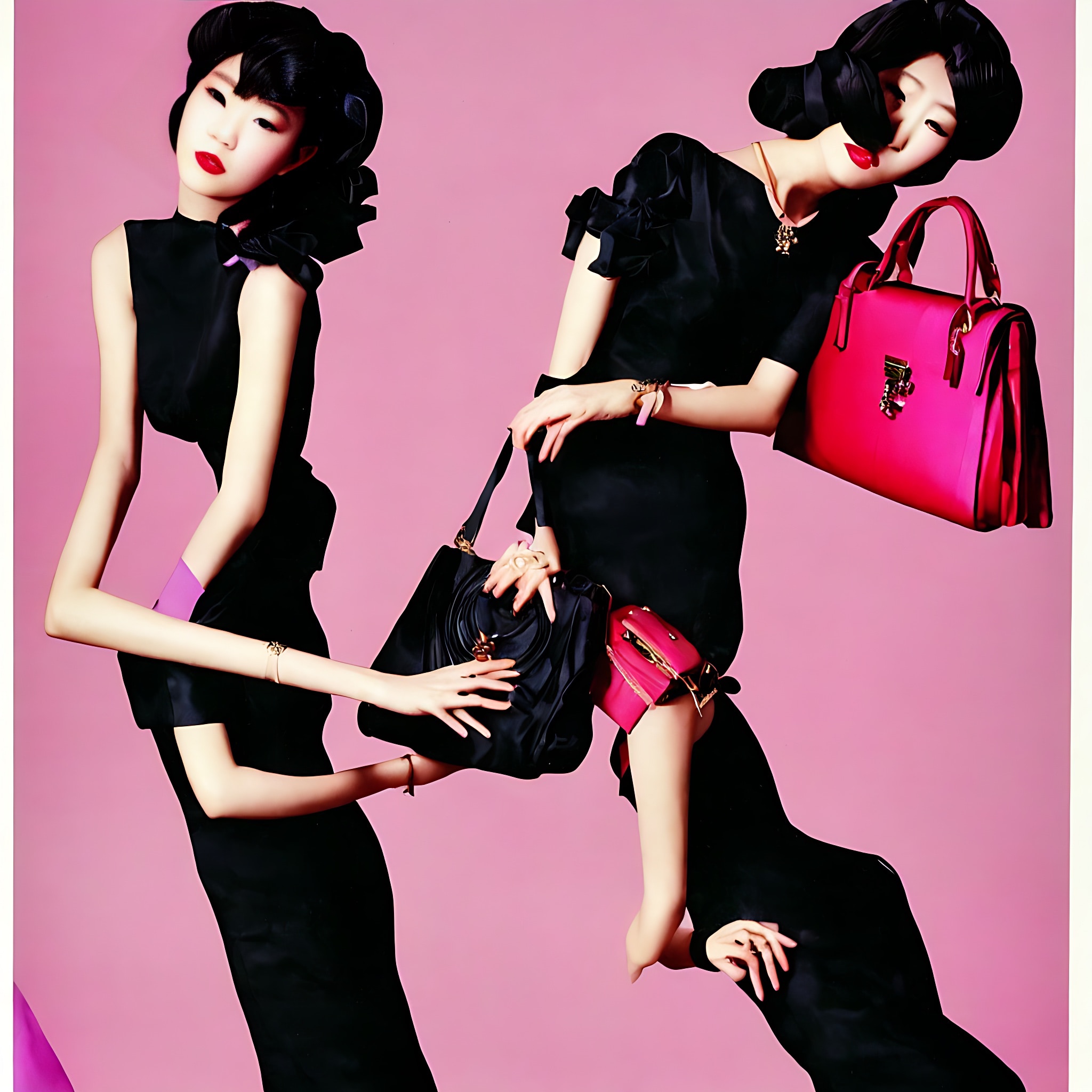 Two models in black dresses and 1990s-style hairdos pose with several purses against a pink background.